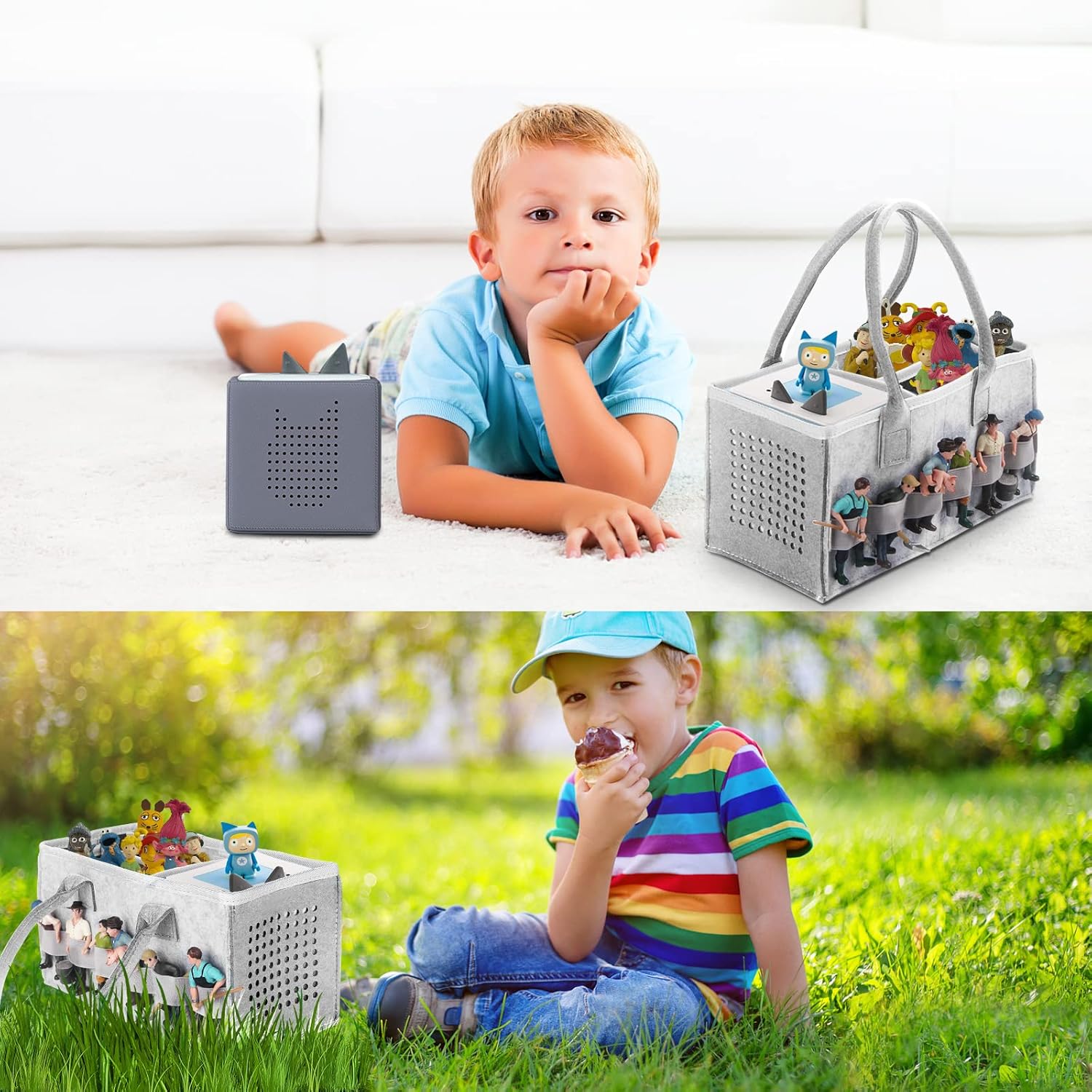 Chedin Toniebox Tonie Bag, Aufbewahrungsbox Tragetasche mit Griff, für Toniebox Starter Set und Tonies Figur, Zubehör Schutzhülle Organizer für über 30 Figuren (Grau + Grau) – Bild 5