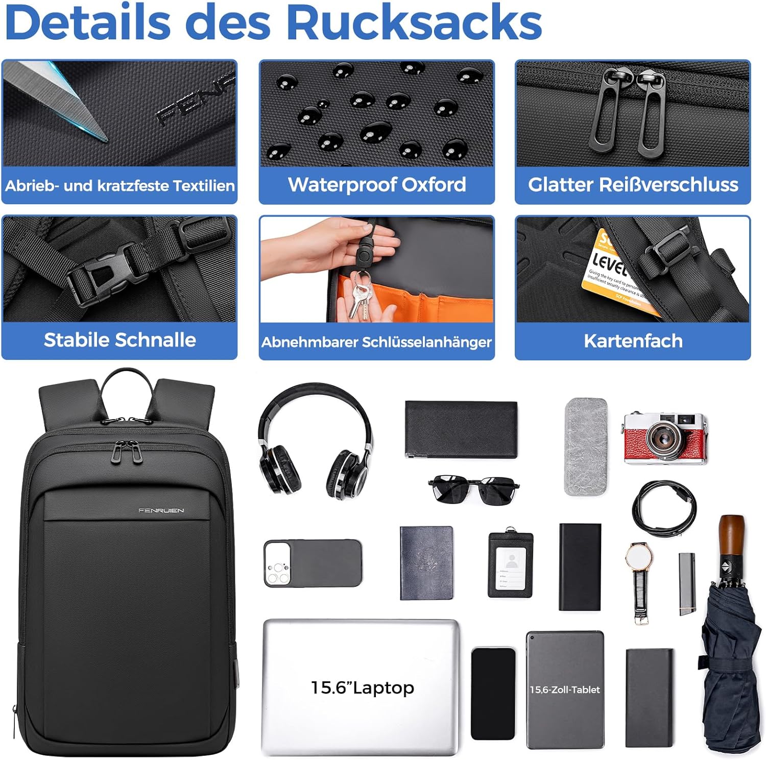 Fenree.geer Herren Laptop Business Rucksack – Leichter 15,6 Zoll Slim Laptop Rucksack mit USB – Ladeanschluss Wasserdicht & Erweiterbar (12-22L) Rucksack Schwarz Tragbarer Arbeitsrucksack Herren – Bild 6