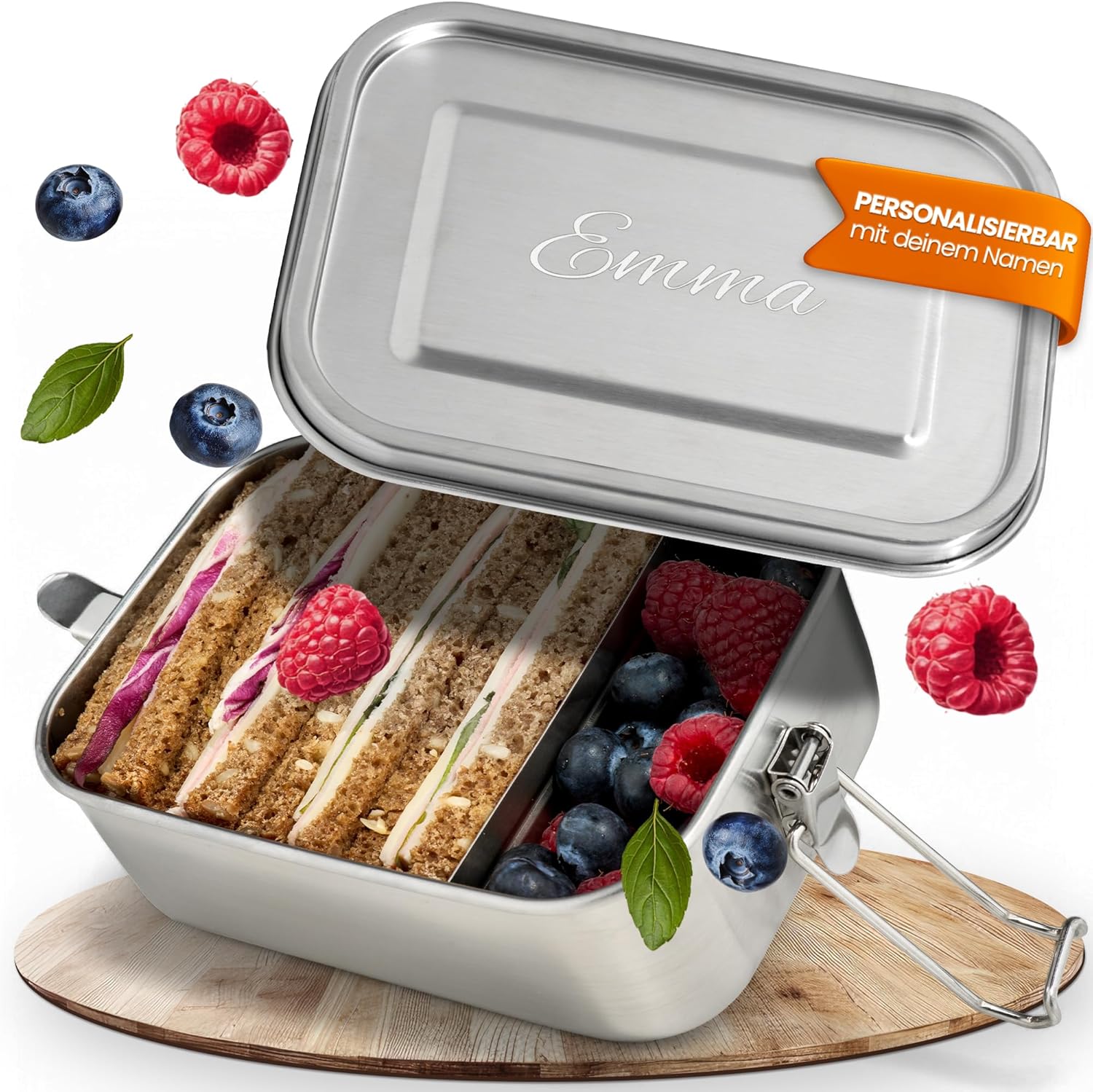 LOOXIS Personalisiertes Edelstahl-Brotdose + Wasserflaschen-Set mit Namensgravur – 800 ml, 470 ml, inkl. Trennwand, auslaufsicher, Bento-Box – Geschenkidee, Schule, Sport, Outdoor, Freizeit – Bild 2