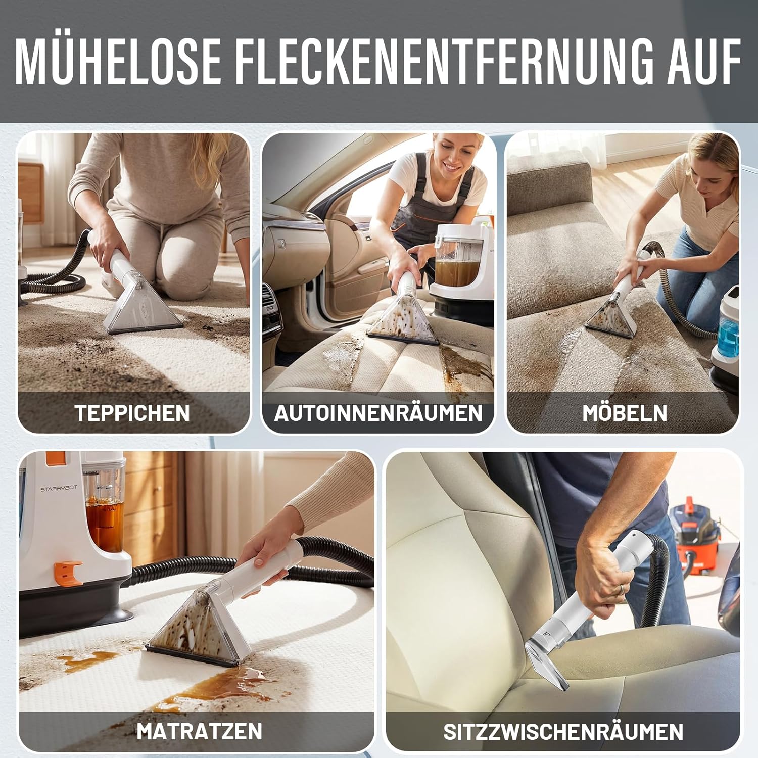 STARRYBOT Tragbare Teppich- und Polsterreinigungsmaschine für Haustiere, 15 Kpa starke Saugkraft, Fleckenentferner für Sofa, Teppich, Auto und Polster, mit 1,8 l Doppeltank (weiß) – Bild 6
