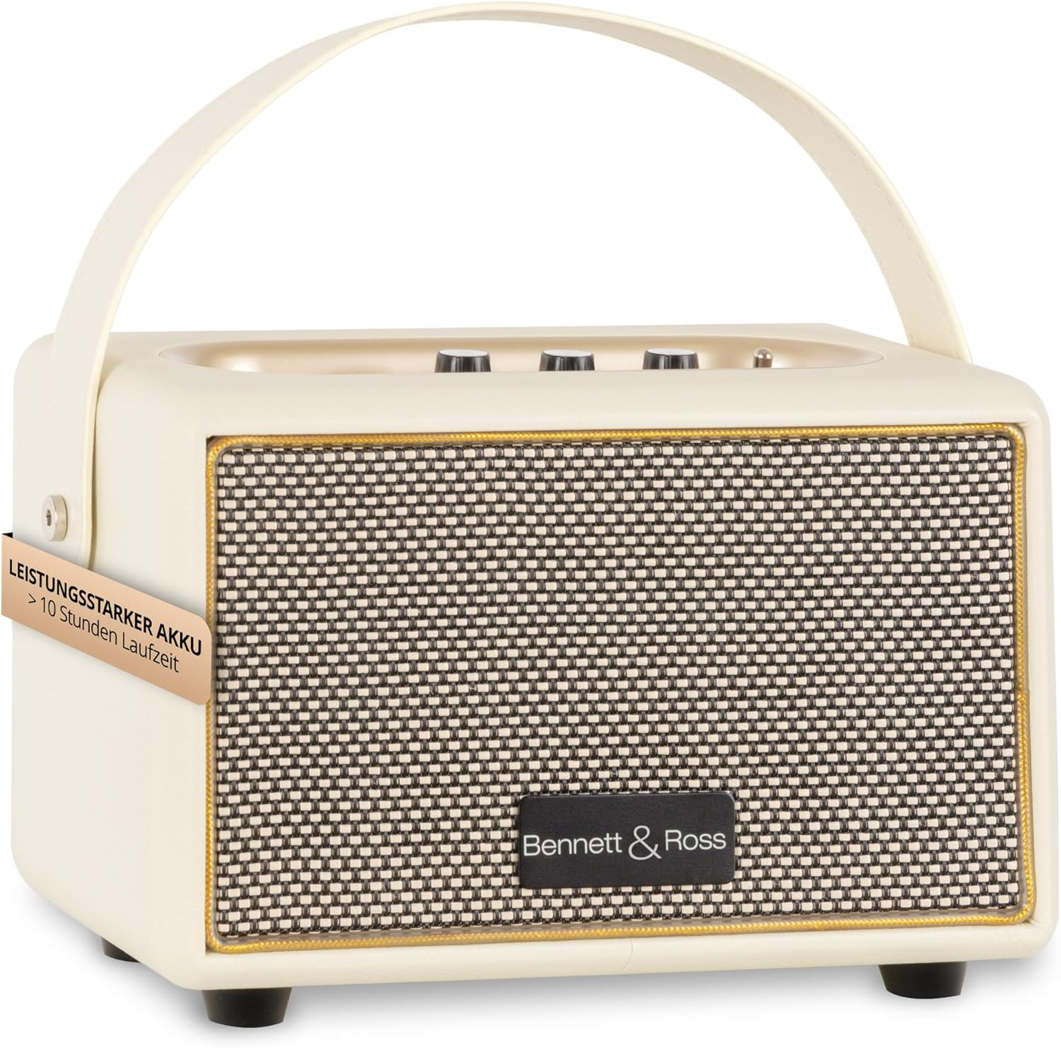 Bennett & Ross BB-820CW Blackmore Junior Retro-Bluetooth-Lautsprecher in Lederoptik mit 5200-mAh-Akku – Vintage-Lautsprecher mit 20 W – MicroSD-Eingang mit MP3-Player – Aux-in – Weiß