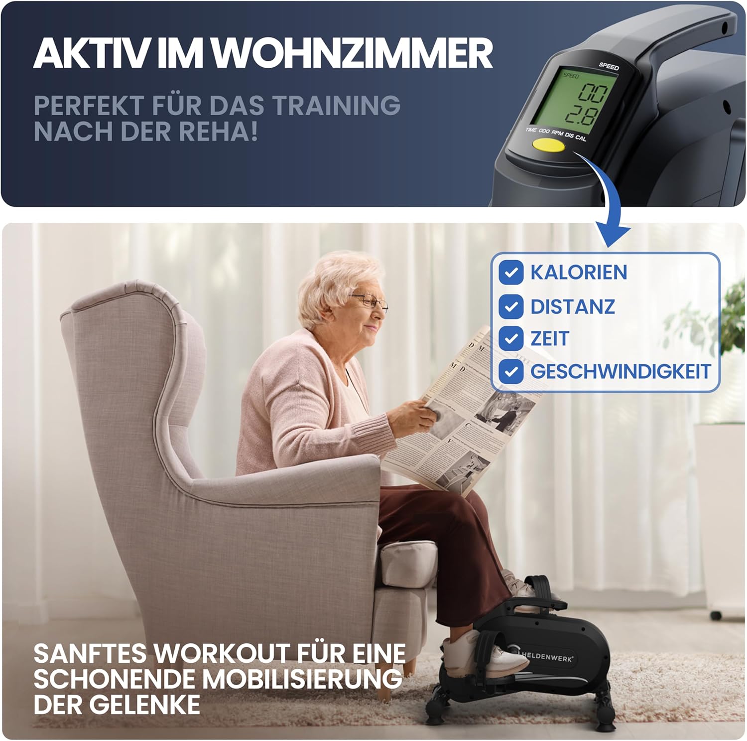 HELDENWERK Pedaltrainer Pro Set - TÜV/GS geprüft | Vergleichssieger | Extra leise & gelenkschonend inklusive Befestigungsgurt – Arm- und Beintrainer für zu Hause – Trettrainer für Senioren, Heimtrainer – Bild 6