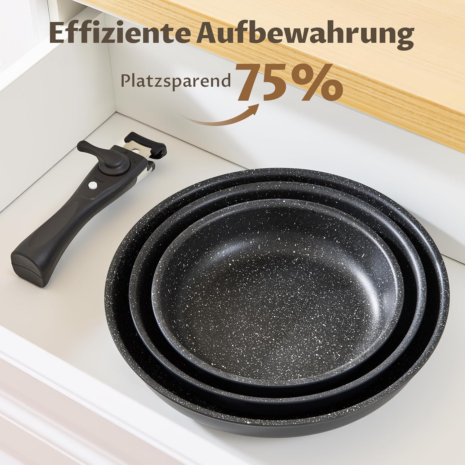Fadware Induktions-Pfannenset, antihaftbeschichtete Bratpfanne, 20, 24, 28 cm mit abnehmbarem Griff für kleine Küchen und Wohnmobile, Pfannenset, stapelbar, platzsparend, für alle Herdarten, ofenfest – Bild 2