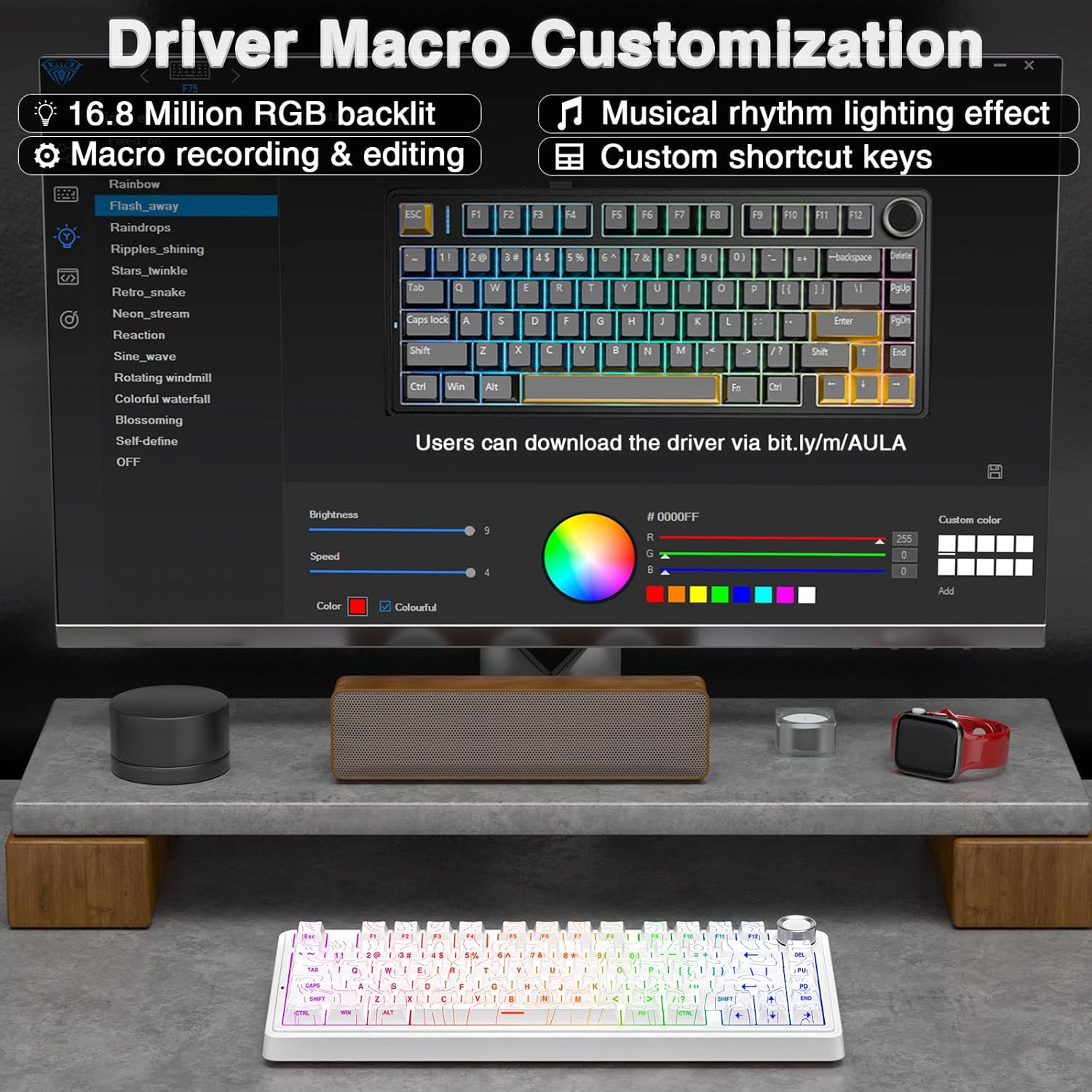 AULA F75 PRO Mechanische Gaming-Tastatur, 2,4 GHz/Typ-C/BT5.0 mechanische Tastatur, seitlich graviert, fünfschichtige Struktur, QWERTZ, Hot-Swap-fähige kabellose Gaming-Tastatur 75 Prozent (weiß) – Bild 6