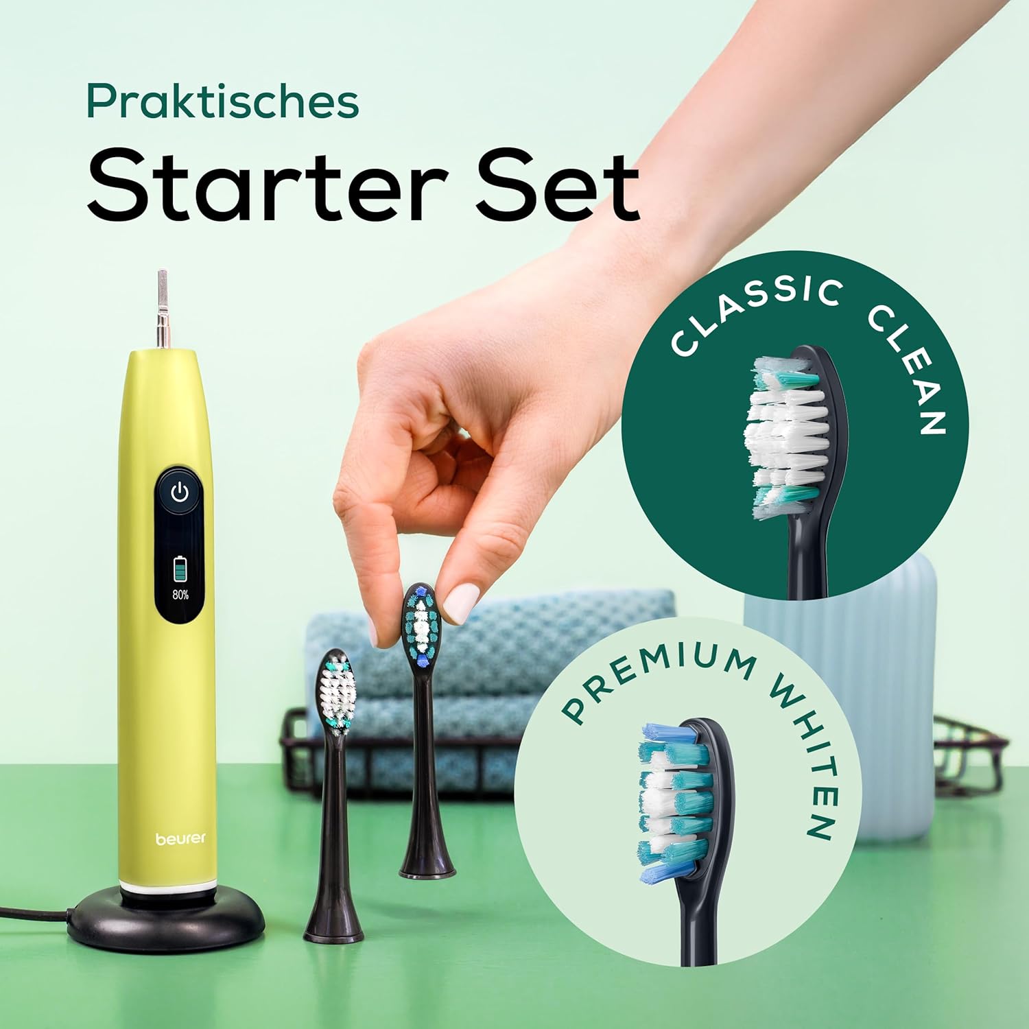 Beurer SC 50 Schallzahnbürste, elektrische Zahnbürste mit 5 Reinigungsmodi & Drucksensor, 80.000 Vibrationen, Display mit Putzzeitanzeige, inklusive 2 Ersatzzahnbürstenköpfe (Splashy Lemon) – Bild 6