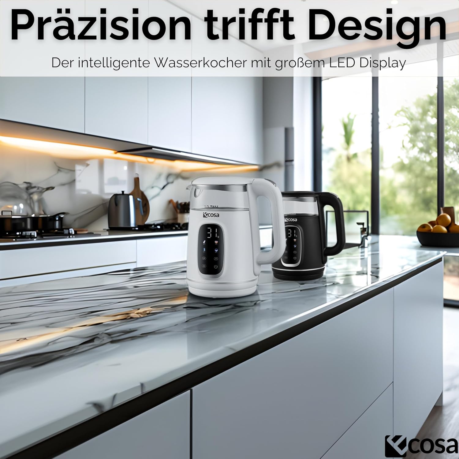Ecosa Wasserkocher mit Temperatureinstellung, Glas, Edelstahl – Teebereiter – 1,7 Liter, 2.200 Watt – BPA-frei, mit Temperaturwahl 40 °C – 100 °C – Warmhaltefunktion, LED-Beleuchtung (Schwarze Perle) – Bild 5