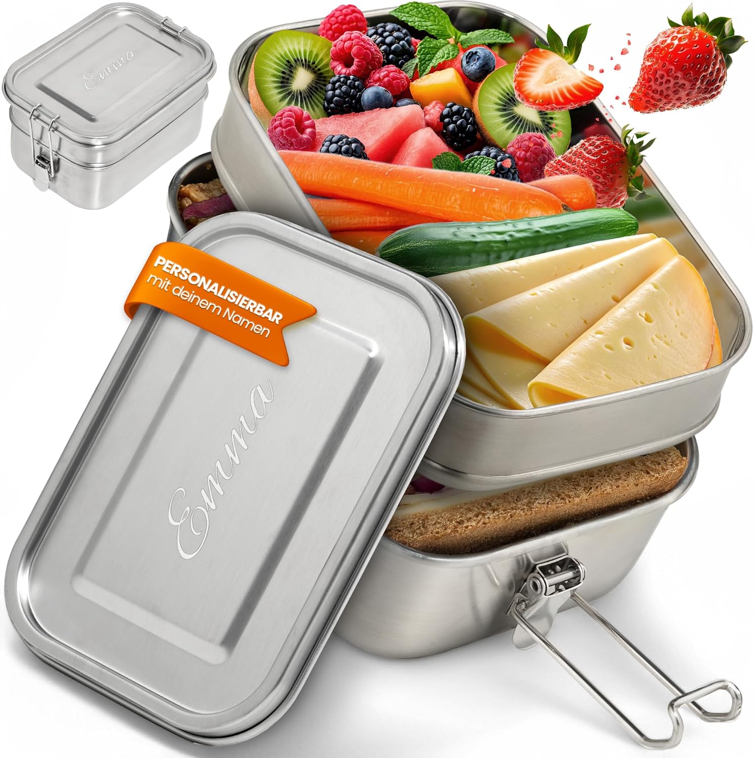 Isonio Lunchbox aus Edelstahl mit Lasergravur, inkl. Trennwand und Dichtungsring, Lunchbox, Bento-Box mit Namensgravur, M, Edelstahl-Doppeldecker