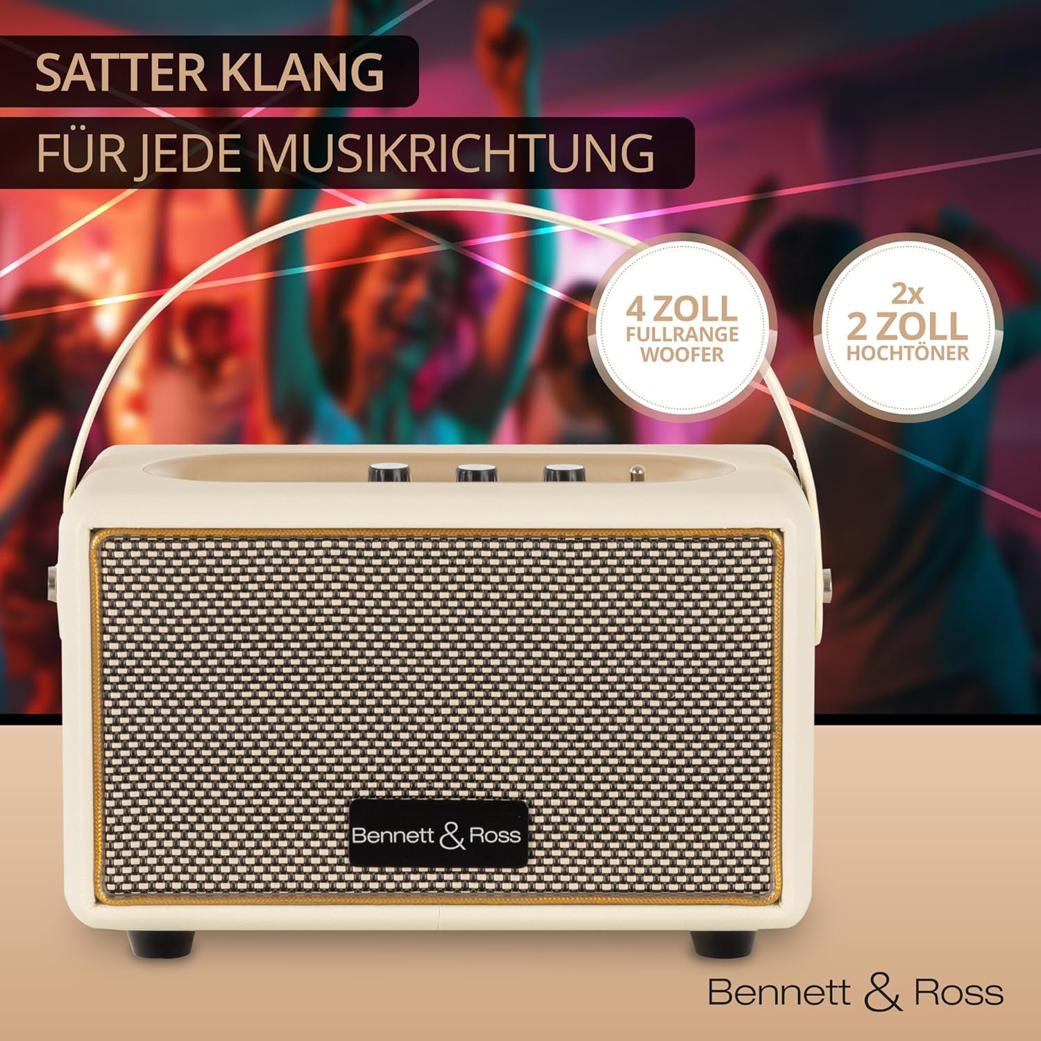 Bennett & Ross BB-820CW Blackmore Junior Retro-Bluetooth-Lautsprecher in Lederoptik mit 5200-mAh-Akku – Vintage-Lautsprecher mit 20 W – MicroSD-Eingang mit MP3-Player – Aux-in – Weiß – Bild 4