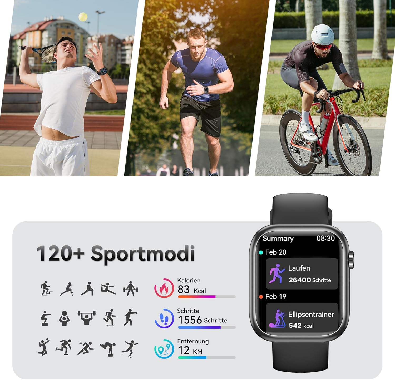 Smartwatch für Damen und Herren, 1,83 Zoll HD-Fitness-Tracker mit Schrittzähler, Blutdruckmessgerät, Herzfrequenzmesser, Telefonfunktion, Schlaf-Tracker, 120+ Sportmodi, IP68 wasserdichte Fitnessuhr – Bild 4