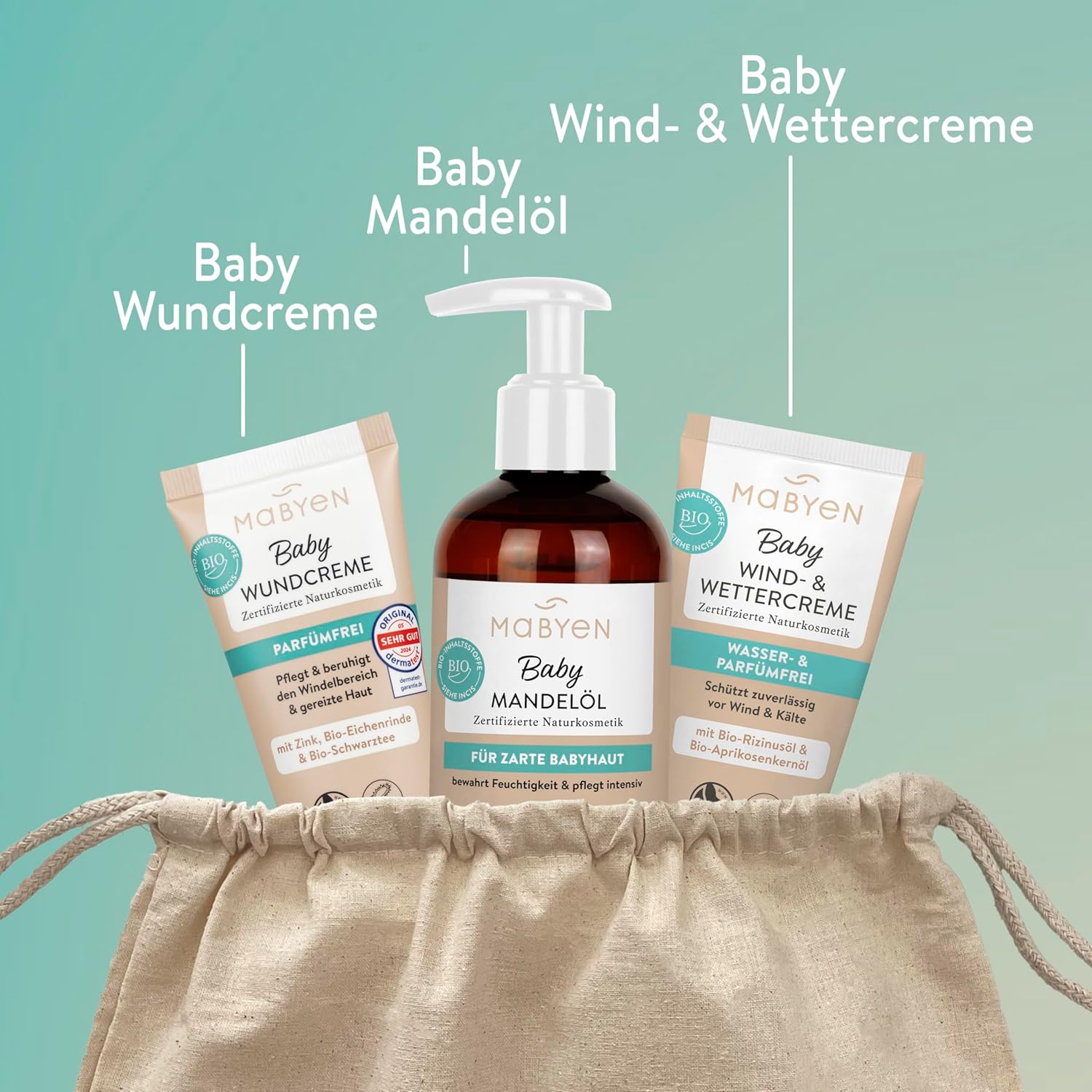 MABYEN Babypflege Rundum-Sorglos-Set | Naturkosmetik - 3 Produkte - Bio - Babyausstattung - Geschenkset - mit Mandelöl, Wundcreme & Wind- & Wettercreme – Bild 2