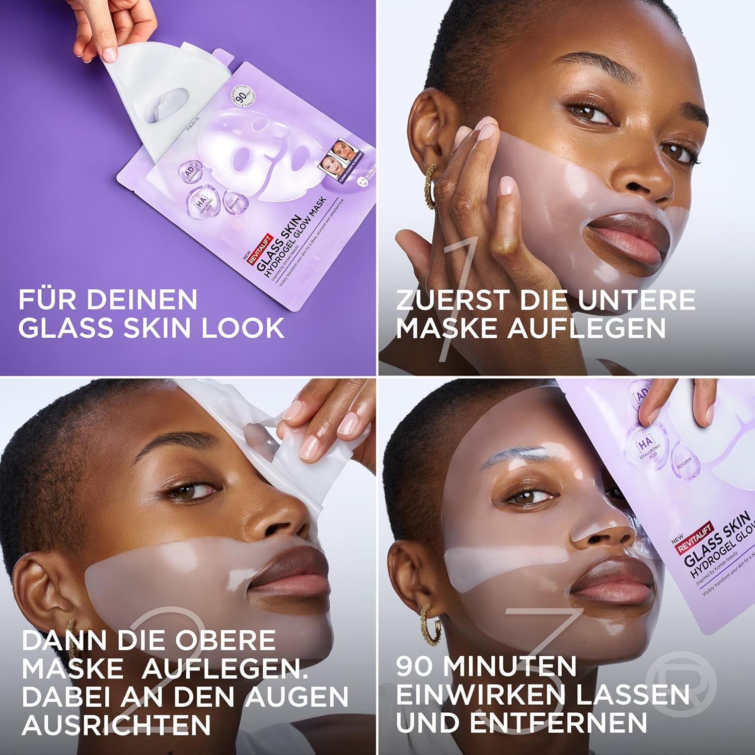 L'Oréal Paris Glass Skin Hydrogel Mask, für pralle und strahlende Haut, feuchtigkeitsspendend und glättend, mit Hyaluronsäure, Glycerin und Centella Asiatica, Revitalift Filler, Einzelmaske, 25 g – Bild 6