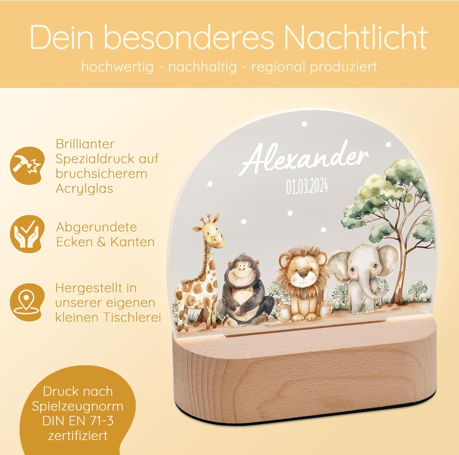 Bärenfreunde - Personalisiertes Nachtlicht für Babys - Individuelle Nachttischlampe für Kinder - Personalisierte Geschenke Kinder - Babygeschenk - Geschenk zur Geburt (Safaritiere) – Bild 4