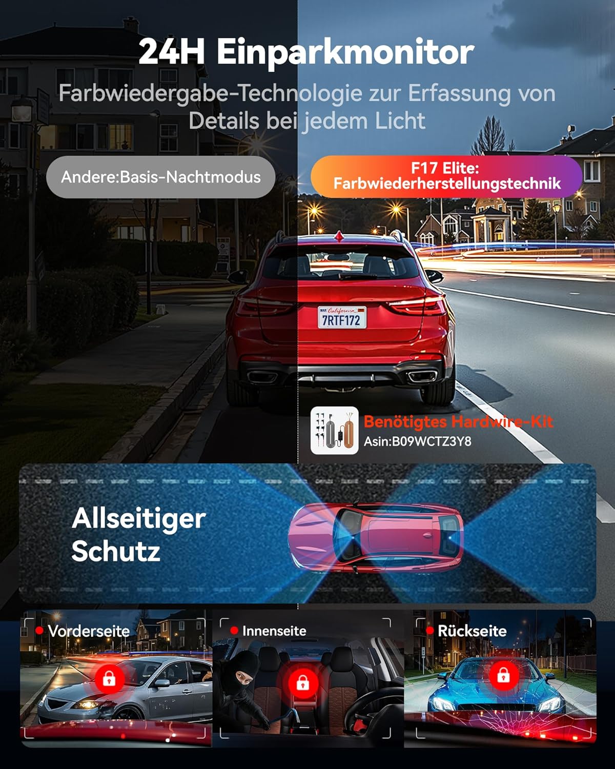 REDTIGER F17 Elite 4K 3-Kanal-Dashcam-Auto, STARVIS 2 IMX678 & IMX 675, 128-GB-Karte, volle Nachtfarbe, 4K + 2,5K + 1080P vorne und hinten im Innenbereich, Sprachsteuerung, 5 GHz WiFi 6, GPS, HDR, Parkmodus – Bild 4