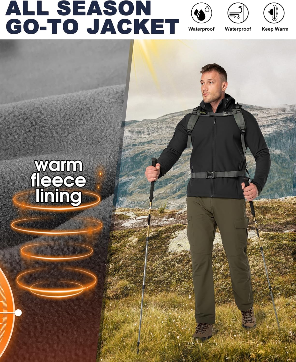 33.000 Fuß wasserdichte, atmungsaktive Softshelljacke für Herren, Übergangsjacke, winddichte Regenjacke, Wanderjacke mit Kapuze – Bild 2