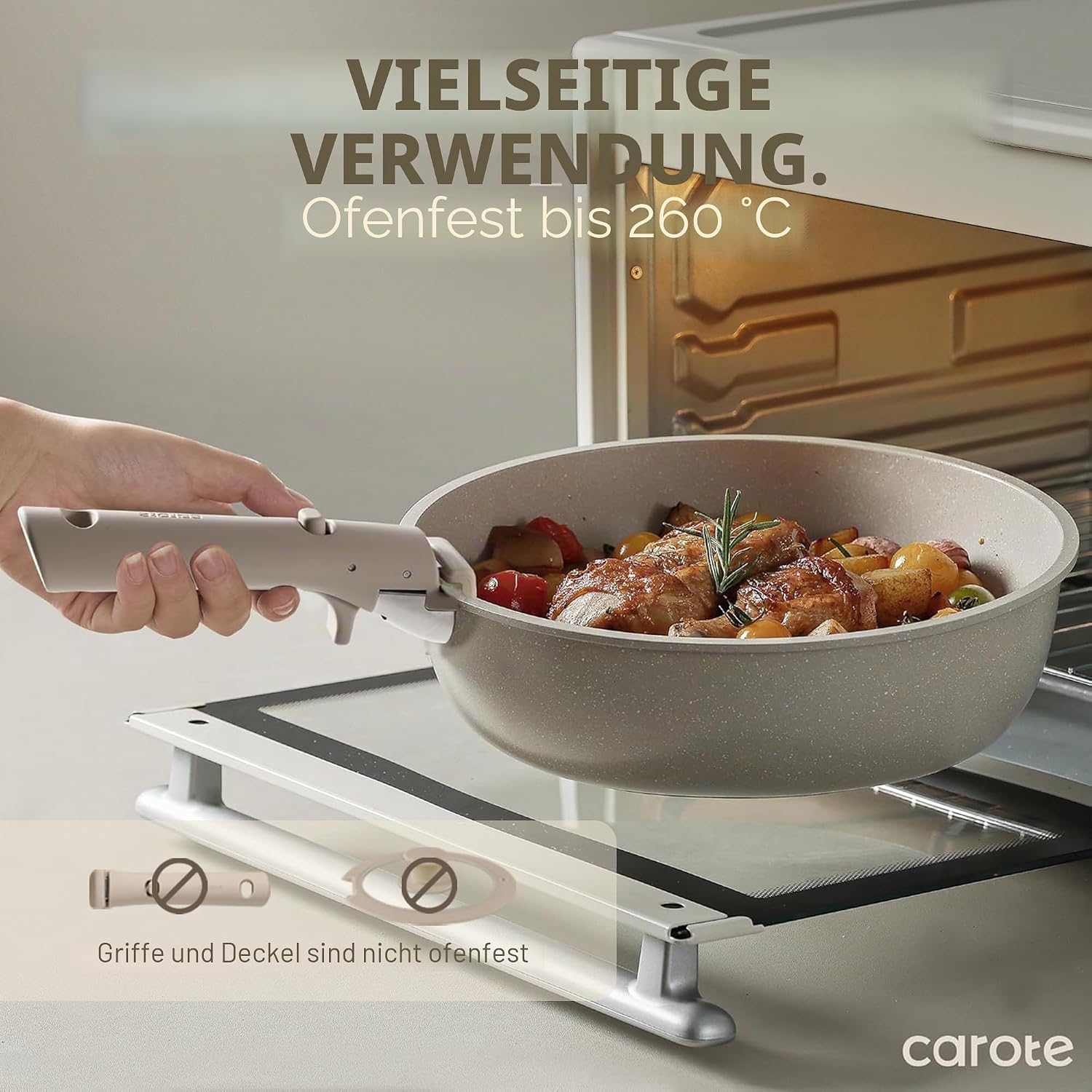 CAROTE 19-teiliges Kochtopf- und Pfannenset, antihaftbeschichtetes Kochgeschirr-Set, abnehmbarer Griff, Induktions-Küchen-Kochsets mit abnehmbarem Griff, Wohnmobil-Küche, ofenfest, Taupe – Bild 7