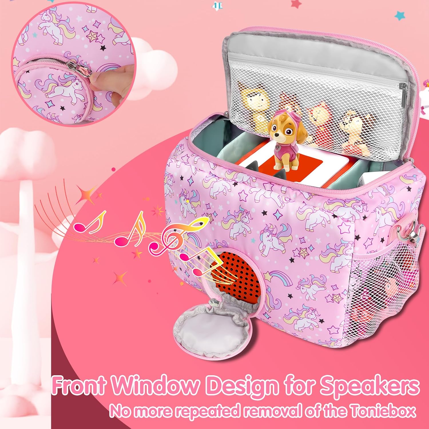 Tasche für Toniebox, Transporttasche für Tonie-Starterset, Kopfhörer, Ladestation und Zubehör, Aufbewahrungstasche für Toniebox-Audioplayer mit Reißverschluss und verstellbarem Riemen (Rosa) – Bild 3