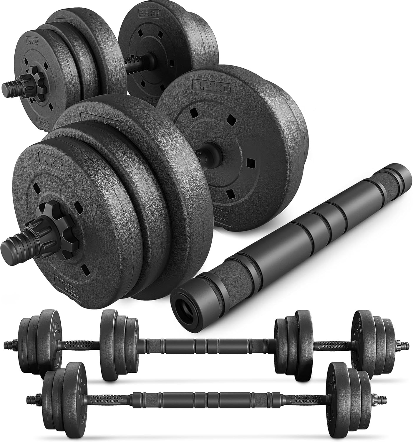 TREX SPORT Hanteln 2er Set Kurzhanteln & Langhantel | 20kg 40kg Hantelset | Kurzhanteln Set, Hanteln Set, Kurzhantel mit Verbindungsrohr & Langhantel, rutschfeste Griffe, robust