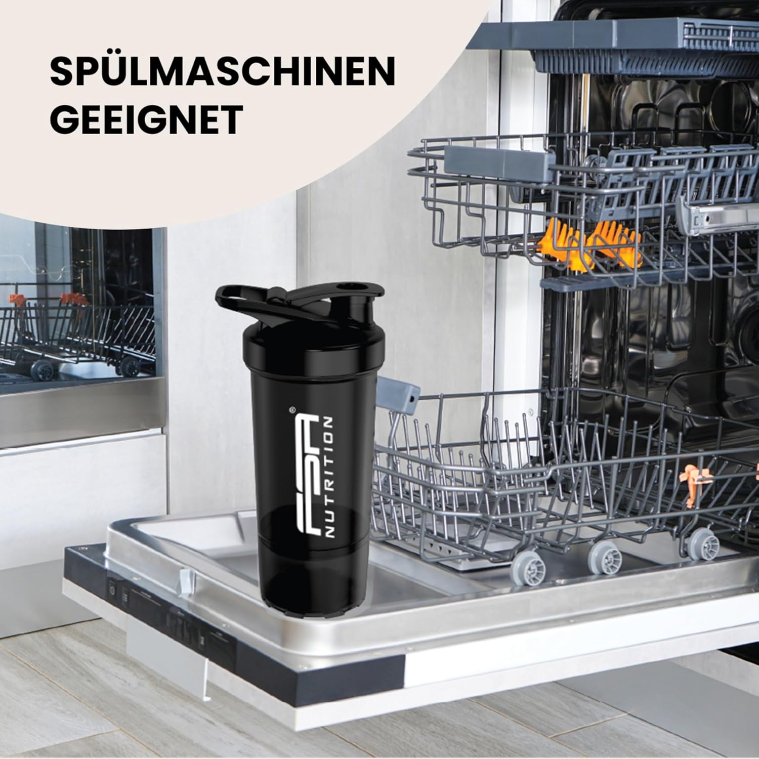 FSA Nutrition Protein-Shaker mit Pulverfach für cremige Shakes, mit Siebeinsatz und Behälter, BPA-frei und auslaufsicher, schwarz – Bild 6