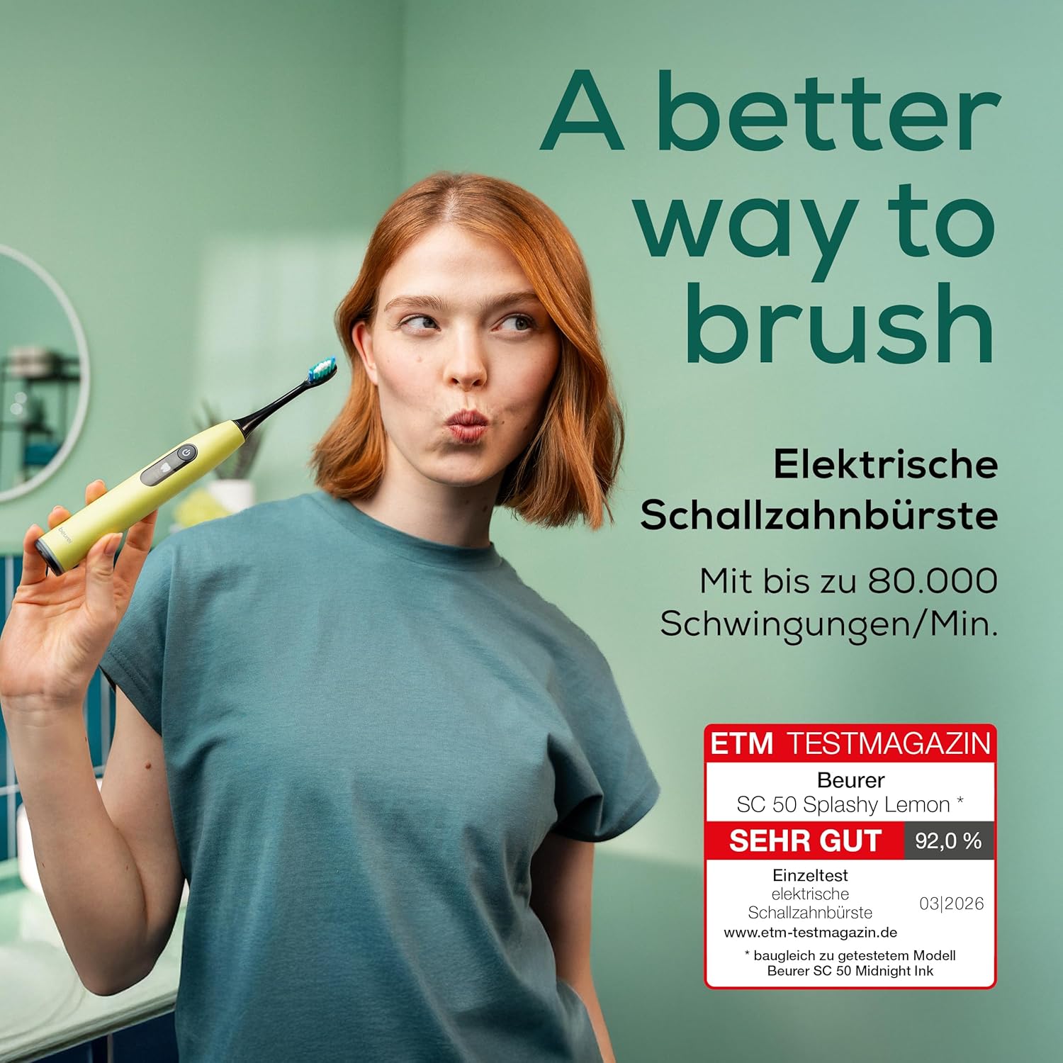 Beurer SC 50 Schallzahnbürste, elektrische Zahnbürste mit 5 Reinigungsmodi & Drucksensor, 80.000 Vibrationen, Display mit Putzzeitanzeige, inklusive 2 Ersatzzahnbürstenköpfe (Splashy Lemon) – Bild 2