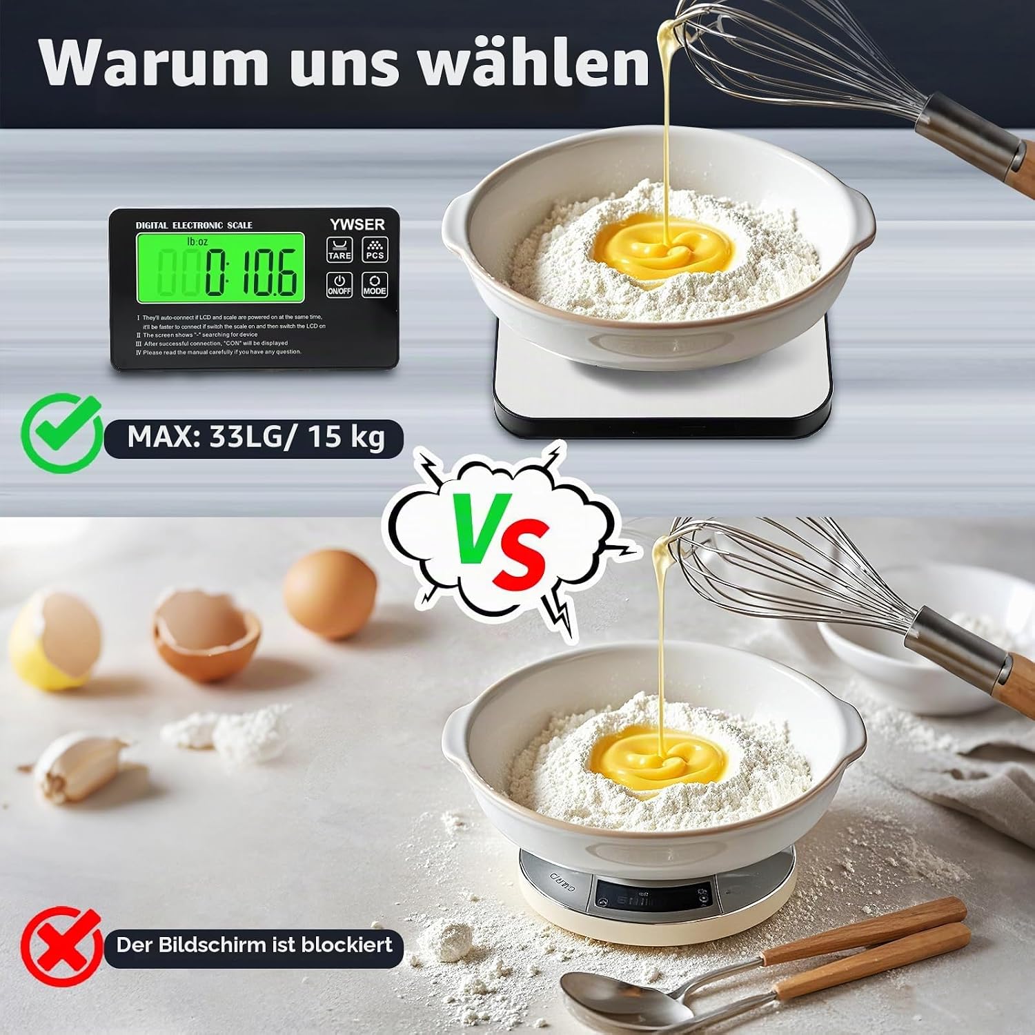 15 kg digitale Küchenwaage mit LCD-Fernanzeige, geteiltes Display für einfaches Ablesen und Reinigen, 1 g Präzision, 7 Einheiten, Tara-Funktion zum Backen, Kochen (Silber-Schwarz) – Bild 4