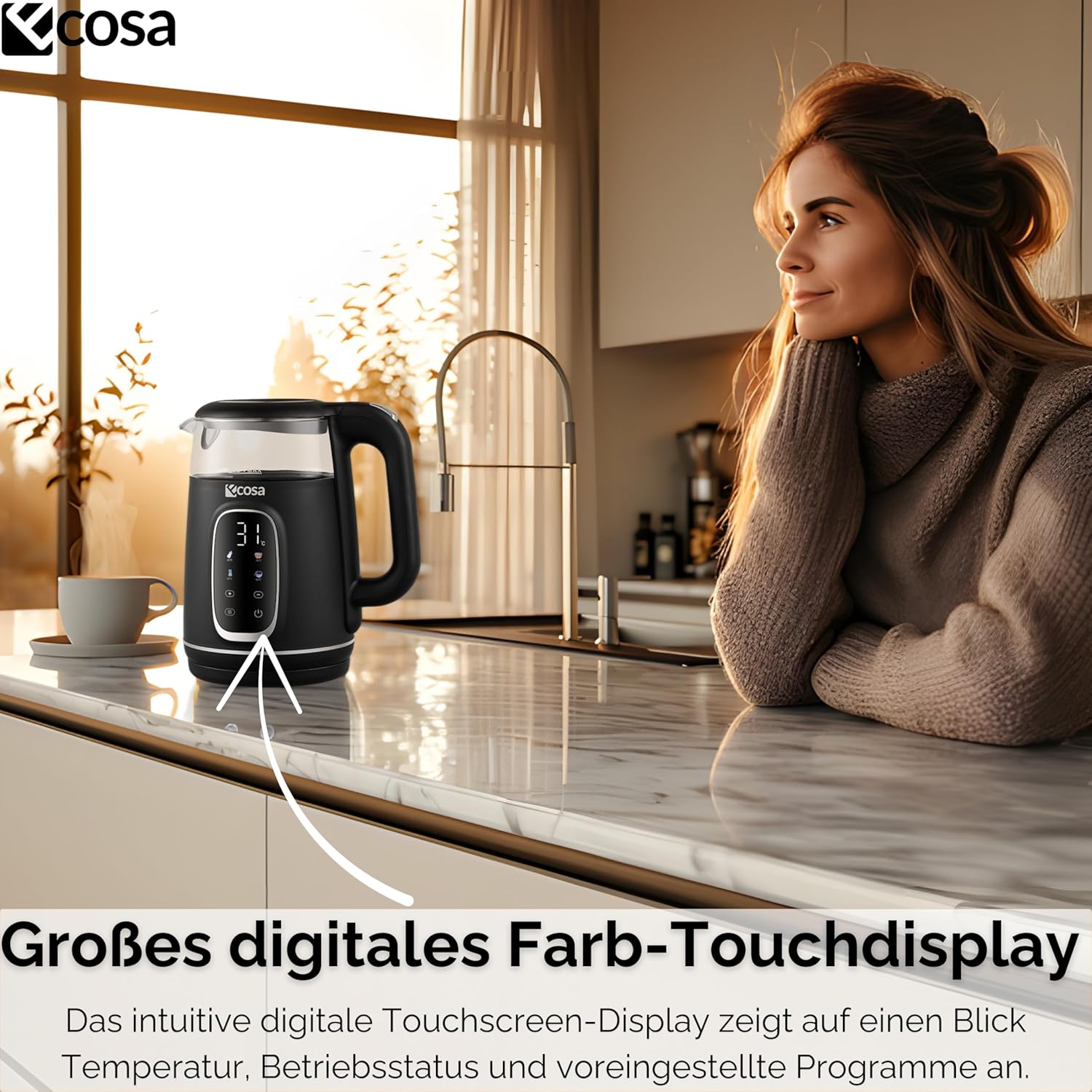 Ecosa Wasserkocher mit Temperatureinstellung, Glas, Edelstahl – Teebereiter – 1,7 Liter, 2.200 Watt – BPA-frei, mit Temperaturwahl 40 °C – 100 °C – Warmhaltefunktion, LED-Beleuchtung (Schwarze Perle) – Bild 4