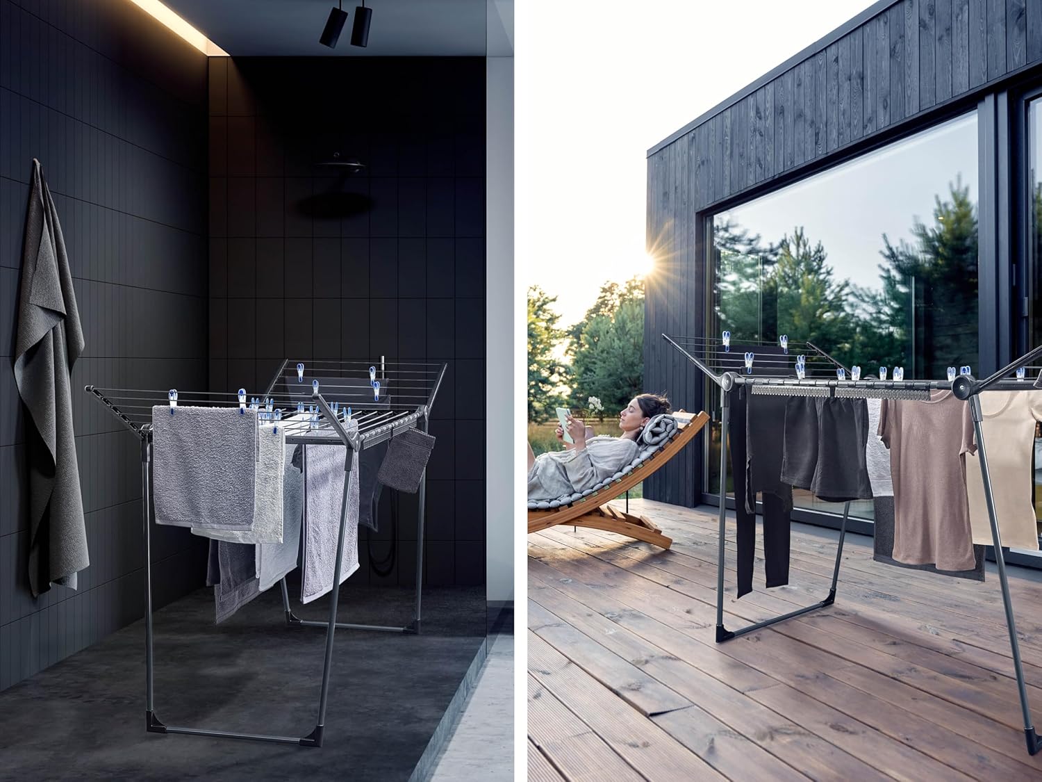 Leifheit Pegasus 180 Solid Black Wäscheständer mit Flügeln für lange Kleidungsstücke, stabiler Wäscheständer für den Innen- und Außenbereich, Wäscheecke im modernen Design – Bild 4