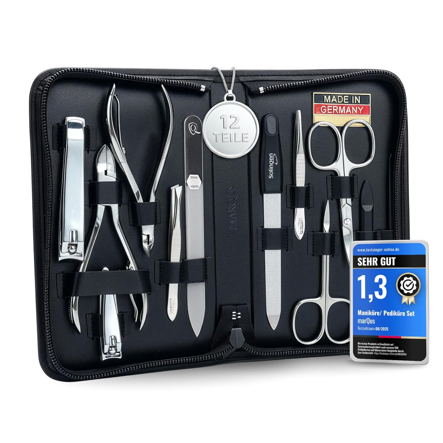 MarQus Solingen Komplett-Maniküre-Set 12-teilig – Made in Germany – Nagelpflege-Set im hochwertigen Lederetui – Komplettset und perfektes Geschenk für Damen und Herren. Schwarz