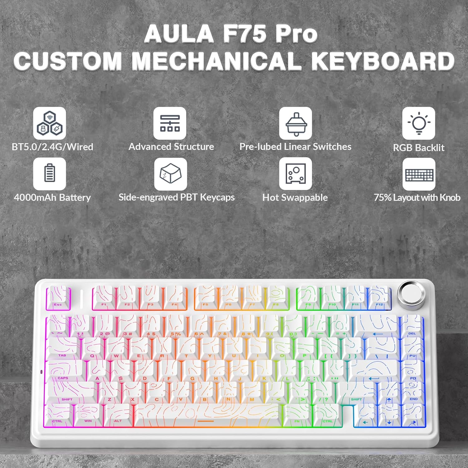 AULA F75 PRO Mechanische Gaming-Tastatur, 2,4 GHz/Typ-C/BT5.0 mechanische Tastatur, seitlich graviert, fünfschichtige Struktur, QWERTZ, Hot-Swap-fähige kabellose Gaming-Tastatur 75 Prozent (weiß) – Bild 2