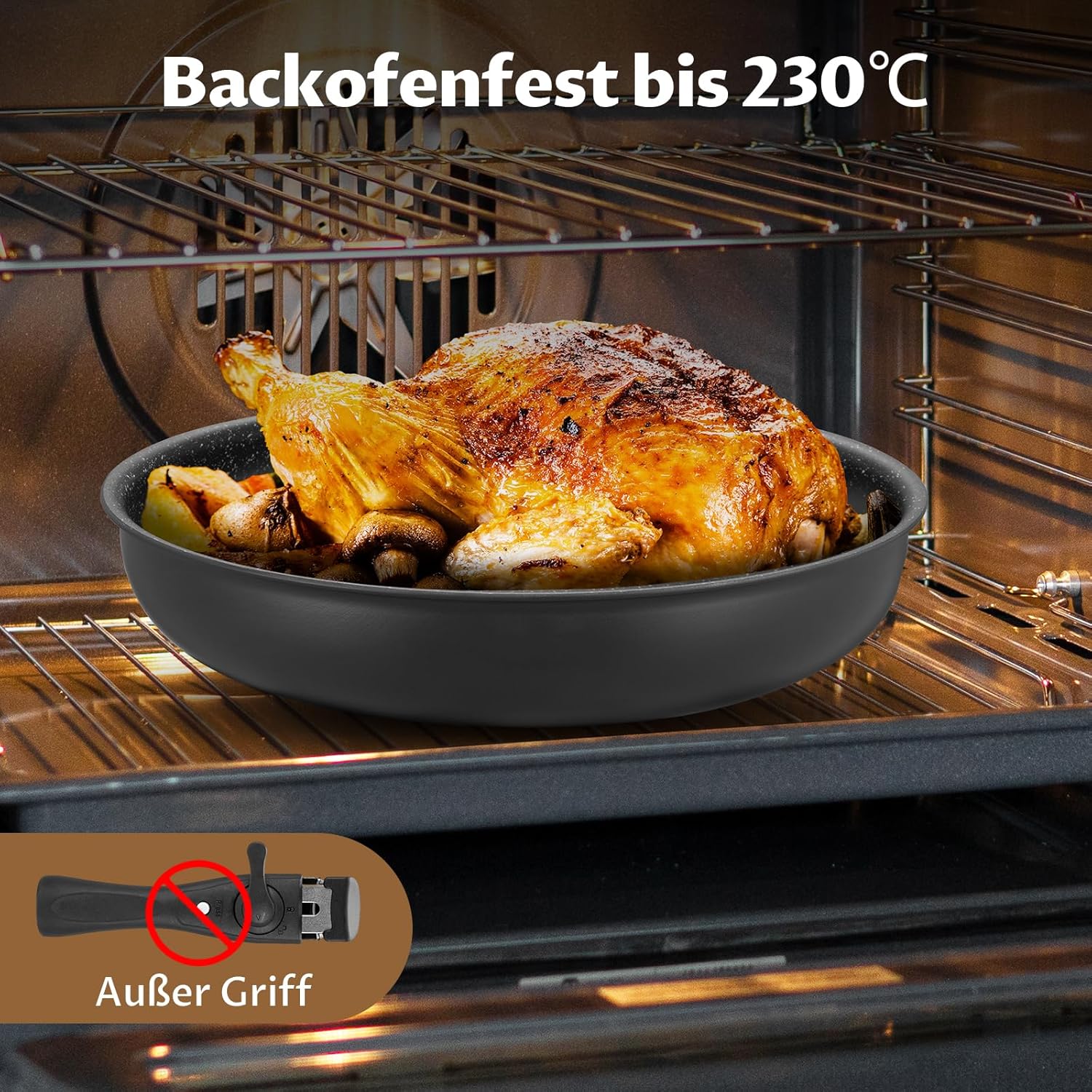 Fadware Induktions-Pfannenset, antihaftbeschichtete Bratpfanne, 20, 24, 28 cm mit abnehmbarem Griff für kleine Küchen und Wohnmobile, Pfannenset, stapelbar, platzsparend, für alle Herdarten, ofenfest – Bild 7