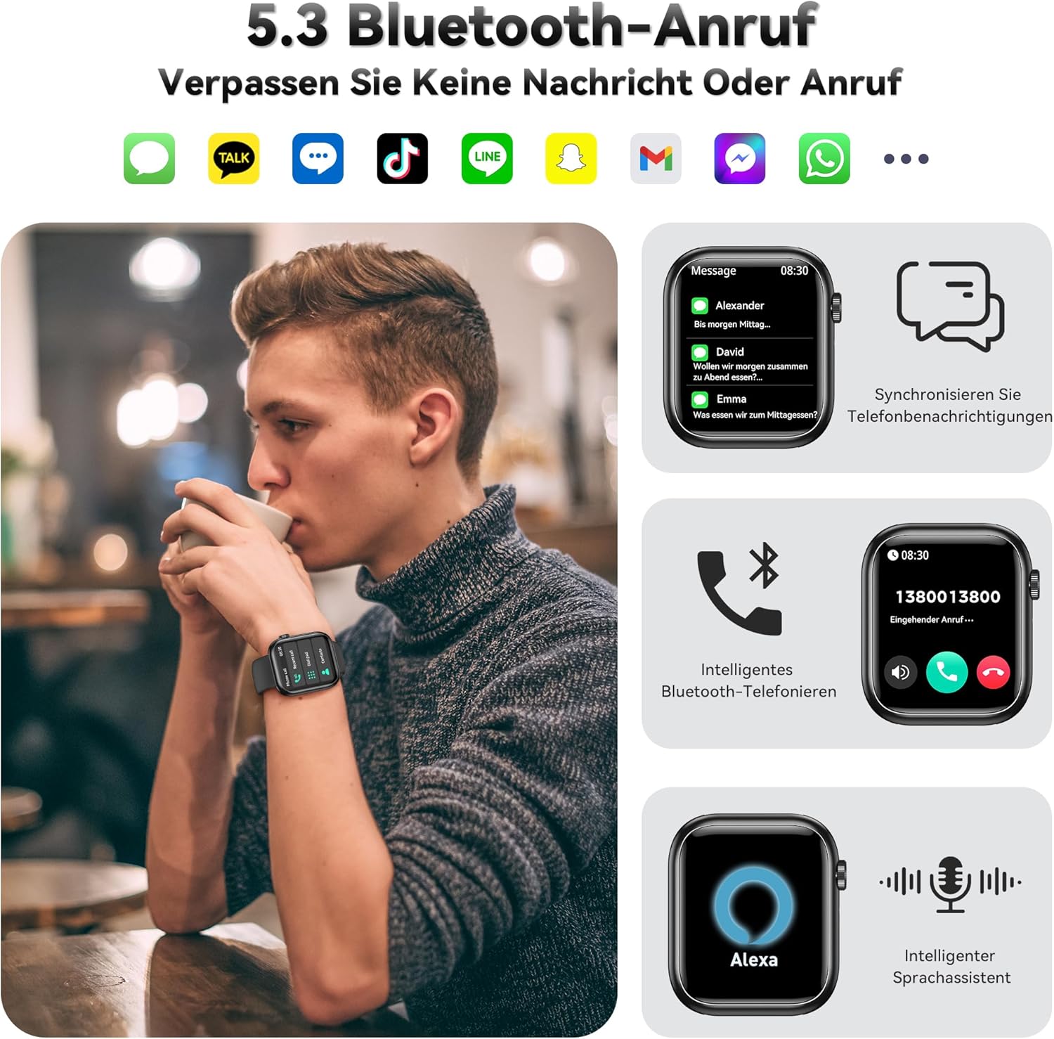 Smartwatch für Damen und Herren, 1,83 Zoll HD-Fitness-Tracker mit Schrittzähler, Blutdruckmessgerät, Herzfrequenzmesser, Telefonfunktion, Schlaf-Tracker, 120+ Sportmodi, IP68 wasserdichte Fitnessuhr – Bild 2