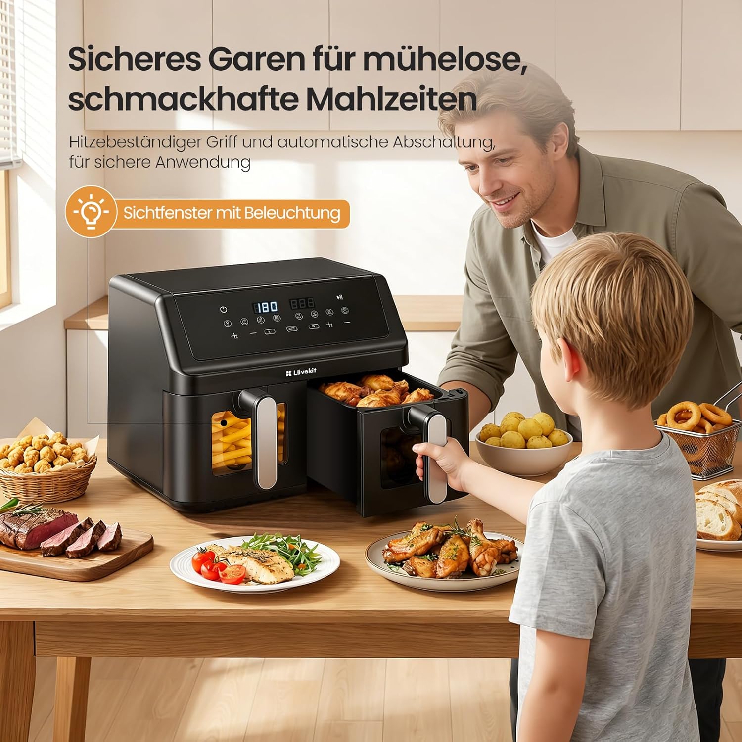 LLIVEKIT 9L Doppelkammer-Heißluftfritteuse, 2 x 4,5 L Airfryer mit automatischer Abschaltung, 4D-Konvektion, 70 % Energieeinsparung, 8 Programme, Sync-Finish, spülmaschinenfest, PFOA-frei – Bild 6
