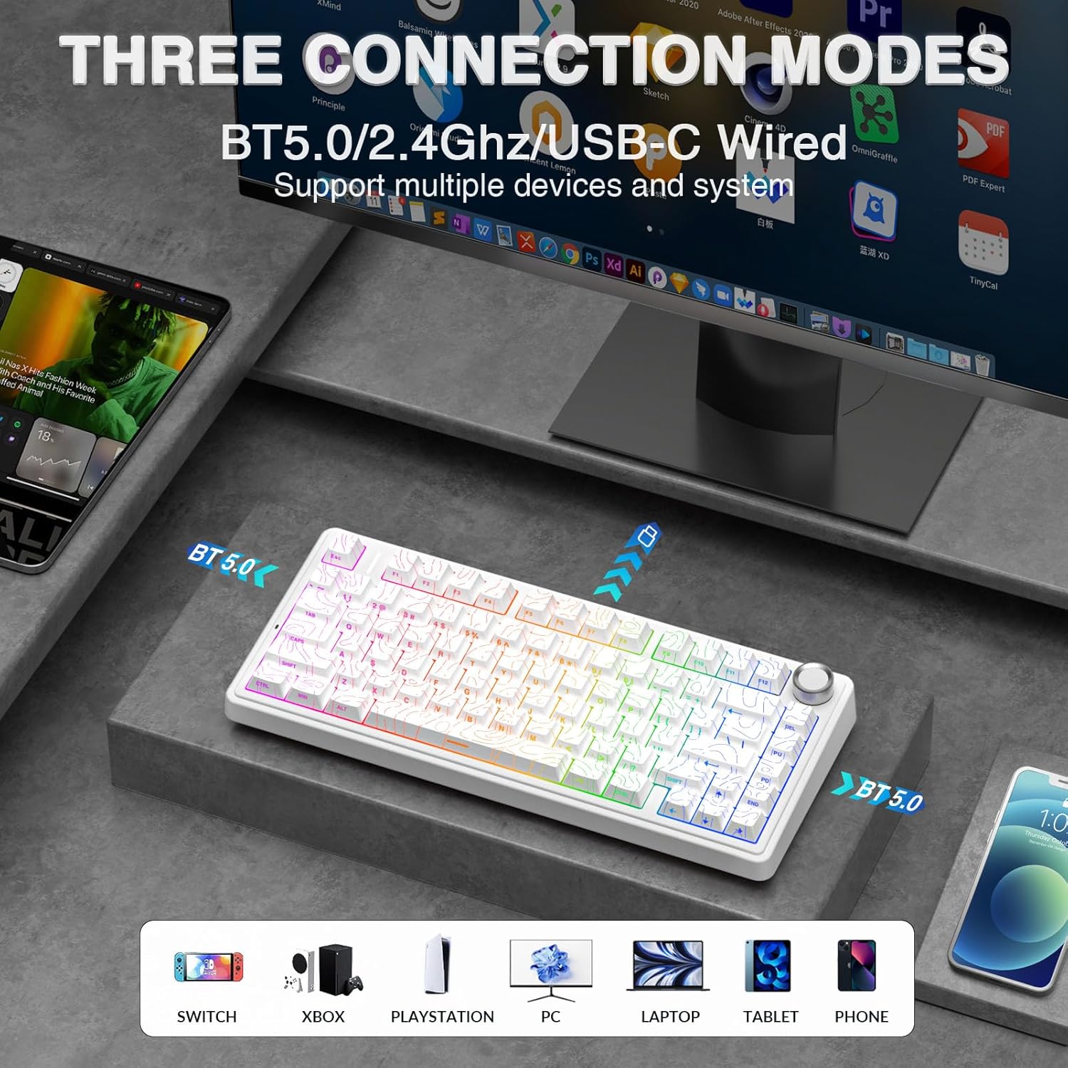 AULA F75 PRO Mechanische Gaming-Tastatur, 2,4 GHz/Typ-C/BT5.0 mechanische Tastatur, seitlich graviert, fünfschichtige Struktur, QWERTZ, Hot-Swap-fähige kabellose Gaming-Tastatur 75 Prozent (weiß) – Bild 3
