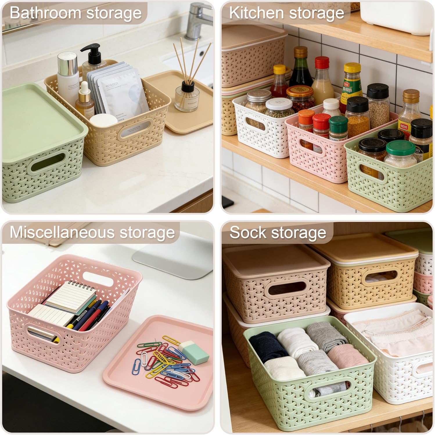 LYLIDIA 5 Stück Aufbewahrungsbox mit Deckel, kleiner Korb, 4 L Box Aufbewahrungskorb im Rattan-Design, stapelbare Box PP-Kunststoff, Organizer-Körbe, Stapelboxen mit Griffen, 25 x 17 x 10,5 cm (buntes Set). – Bild 5
