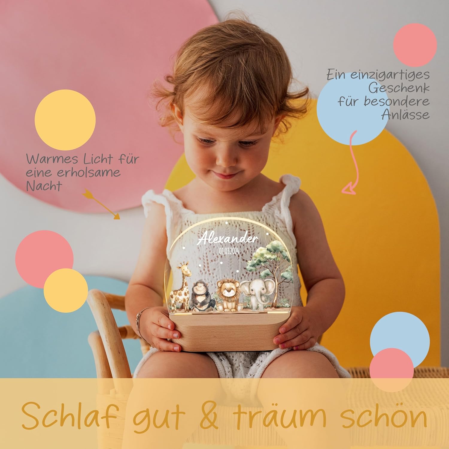 Bärenfreunde - Personalisiertes Nachtlicht für Babys - Individuelle Nachttischlampe für Kinder - Personalisierte Geschenke Kinder - Babygeschenk - Geschenk zur Geburt (Safaritiere) – Bild 2