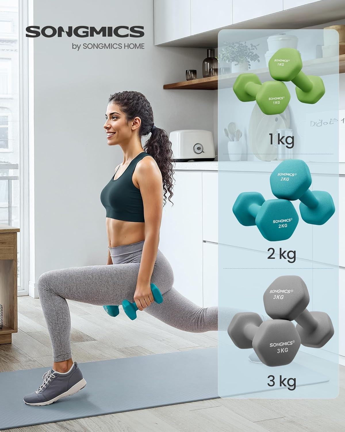 SONGMICS Hantel-Set, 3 Paar, 1kg-3kg, 9kg oder 12kg, Aufbewahrung, Fitnessstudio, Krafttraining, rutschfeste Neopren-Beschichtung – Bild 2