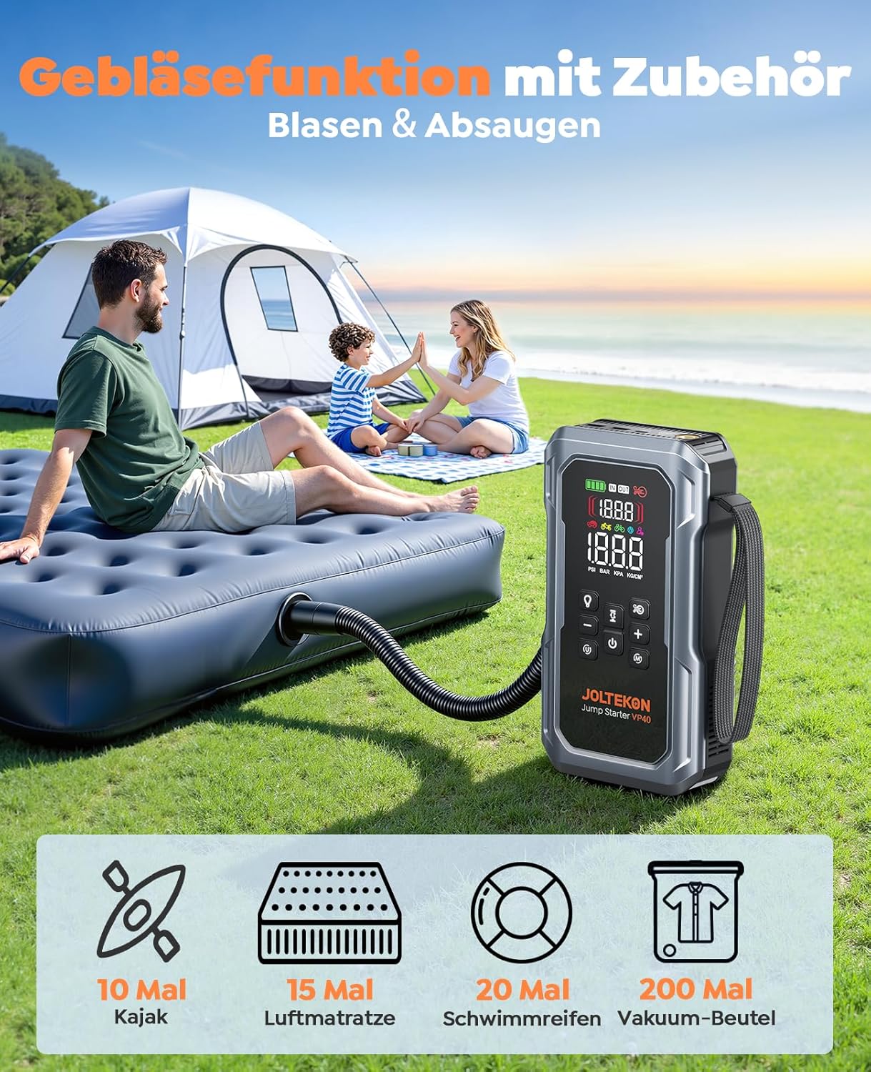 7000 A Auto-Starthilfe-Powerbank für Autos, Starthilfe für alle Benziner und 12,0-l-Diesel, Starthilfe-Powerbank mit Lüfter und 160-PSI-Kompressor, Starthilfe mit 800-Lumen-LED-Licht und 3,3 Zoll – Bild 4