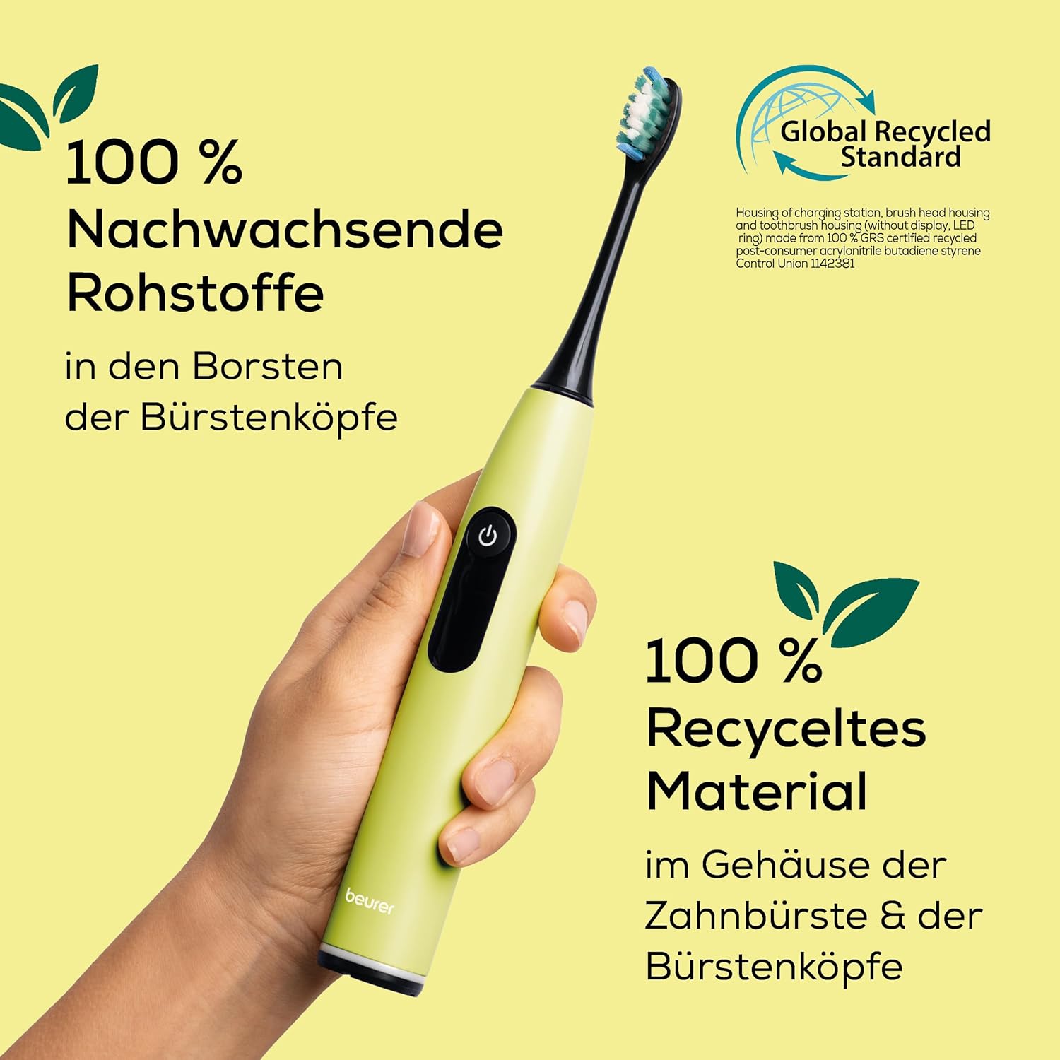 Beurer SC 50 Schallzahnbürste, elektrische Zahnbürste mit 5 Reinigungsmodi & Drucksensor, 80.000 Vibrationen, Display mit Putzzeitanzeige, inklusive 2 Ersatzzahnbürstenköpfe (Splashy Lemon) – Bild 5