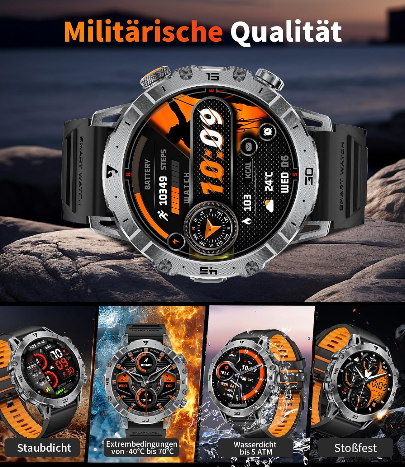 LIGE Militär-Smartwatch für Herren, 1000 mAh, großer Akku, 1,7 Zoll HD großes Display mit Telefonfunktion, LED-Taschenlampe, Fitness-Uhr mit 110+ Sportmodi, Herz-/Schlaf-Tracking, IP68-Sportuhr iOS/Android, Schwarz – Bild 7