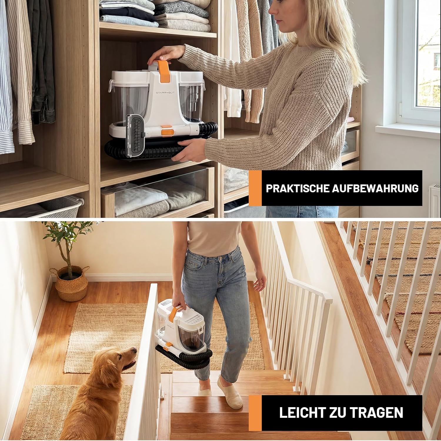 STARRYBOT Tragbare Teppich- und Polsterreinigungsmaschine für Haustiere, 15 Kpa starke Saugkraft, Fleckenentferner für Sofa, Teppich, Auto und Polster, mit 1,8 l Doppeltank (weiß) – Bild 5