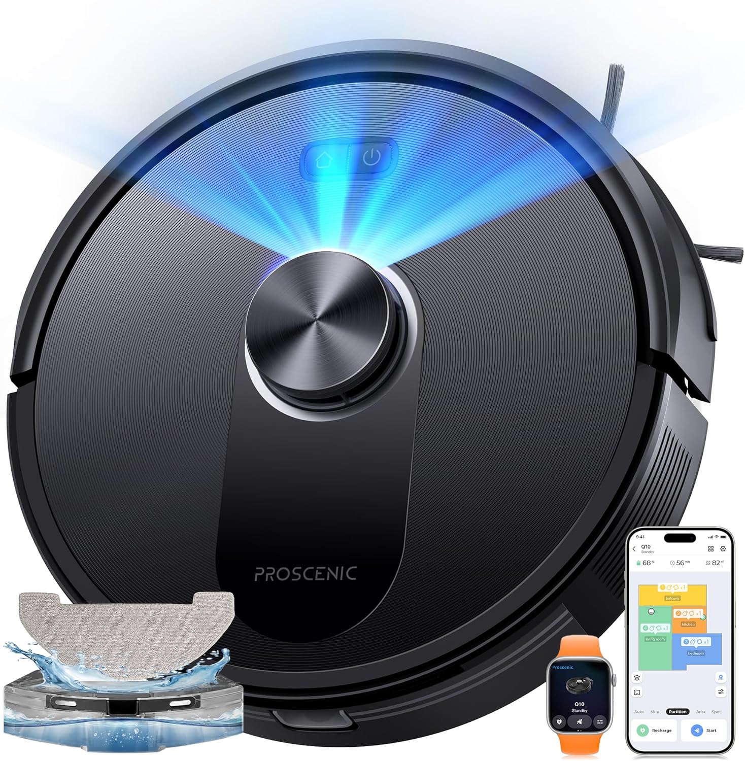 Proscenic Q10 Saugroboter mit Wischfunktion, 8000Pa 200min Staubsaugerroboter, intelligente Lasernavigation mit 5 Karten, smarte Steuerung per App, Alexa & Siri Apple Watch, Hartböden