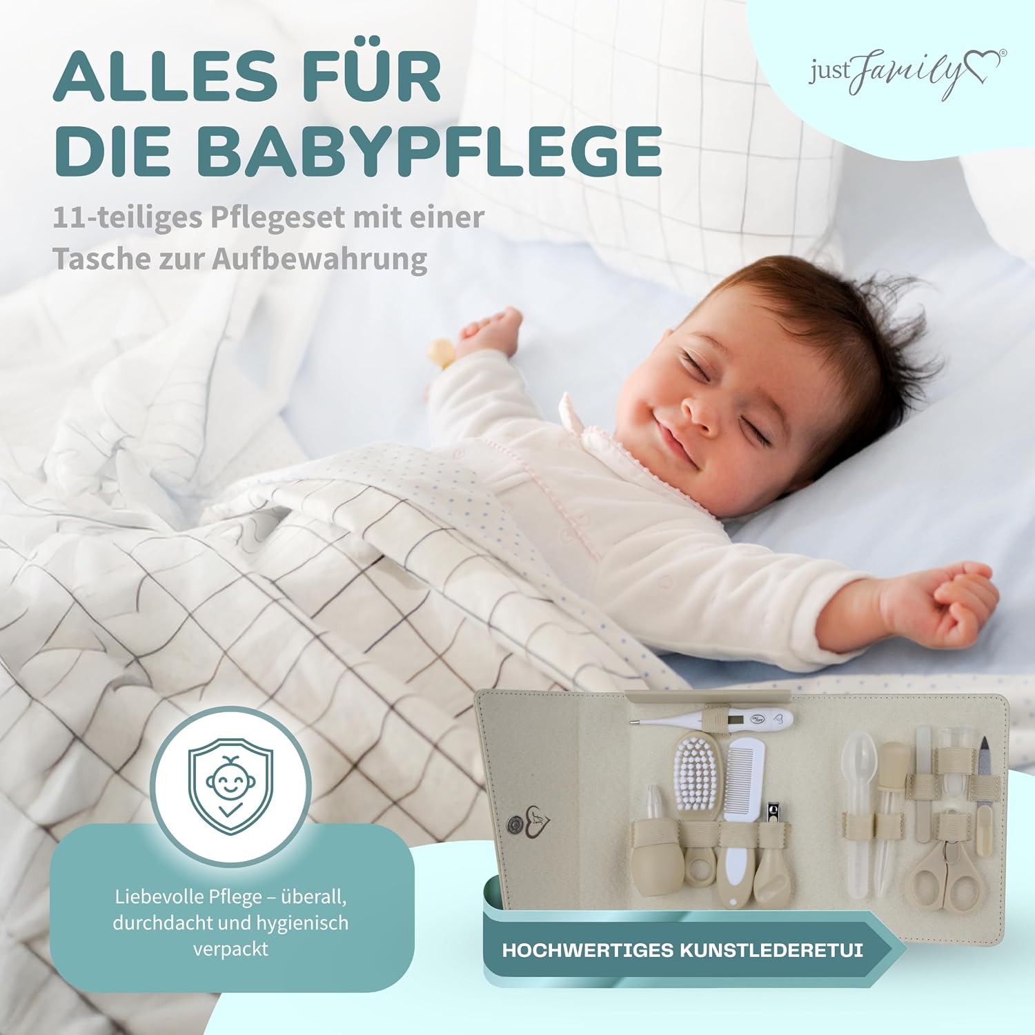 Babypflege-Set Neugeborene (Beige) – 11-teiliges Neugeborenen-Set mit hochwertiger Baby-Nagelschere, Fieberthermometer, Bürste und mehr – ideal als Erstausstattung für Neugeborene – Bild 2