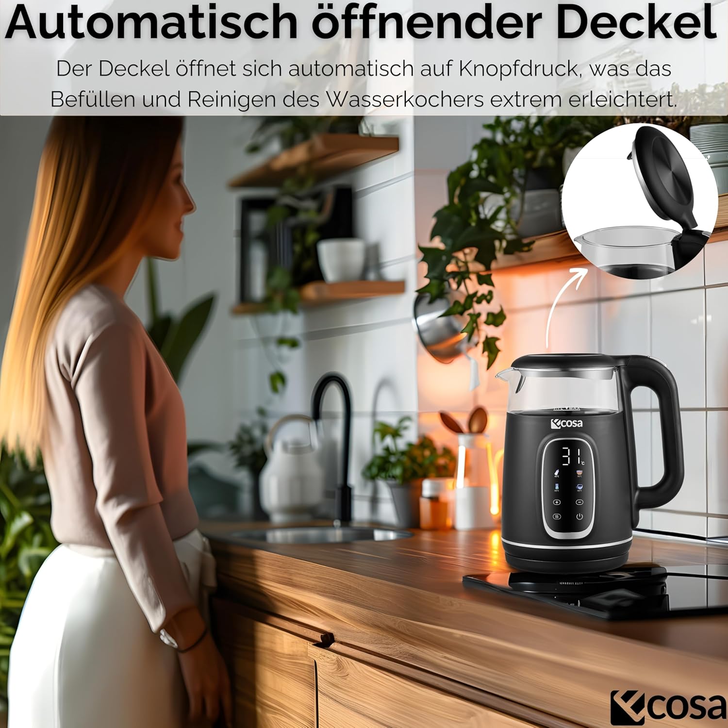 Ecosa Wasserkocher mit Temperatureinstellung, Glas, Edelstahl – Teebereiter – 1,7 Liter, 2.200 Watt – BPA-frei, mit Temperaturwahl 40 °C – 100 °C – Warmhaltefunktion, LED-Beleuchtung (Schwarze Perle) – Bild 8