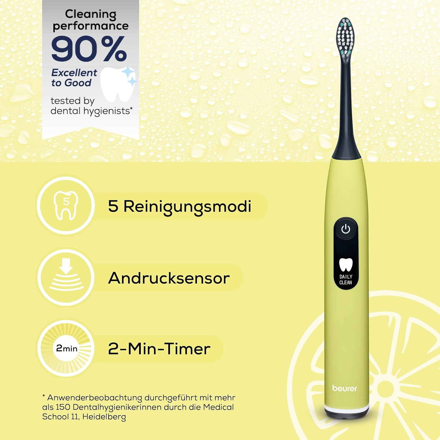 Beurer SC 50 Schallzahnbürste, elektrische Zahnbürste mit 5 Reinigungsmodi & Drucksensor, 80.000 Vibrationen, Display mit Putzzeitanzeige, inklusive 2 Ersatzzahnbürstenköpfe (Splashy Lemon) – Bild 3
