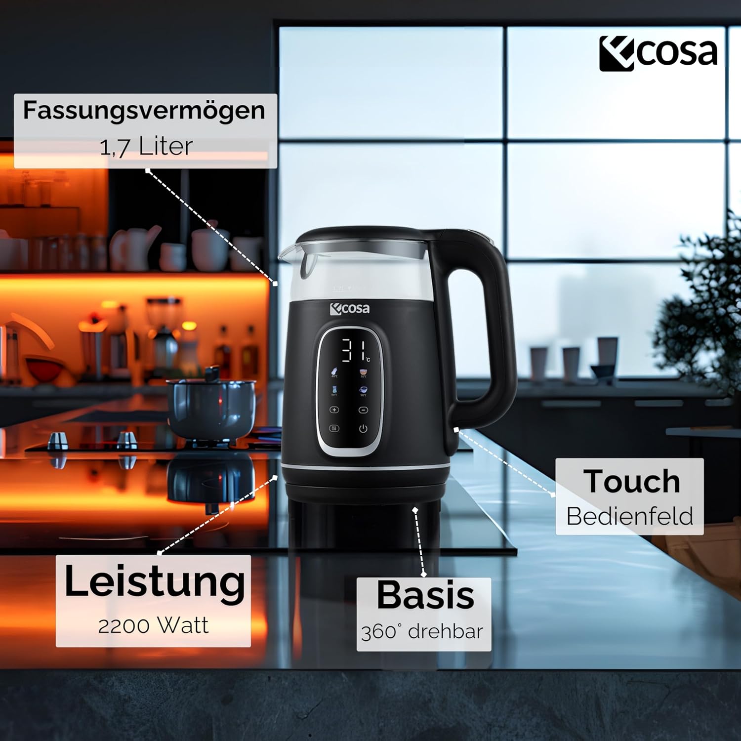 Ecosa Wasserkocher mit Temperatureinstellung, Glas, Edelstahl – Teebereiter – 1,7 Liter, 2.200 Watt – BPA-frei, mit Temperaturwahl 40 °C – 100 °C – Warmhaltefunktion, LED-Beleuchtung (Schwarze Perle) – Bild 6