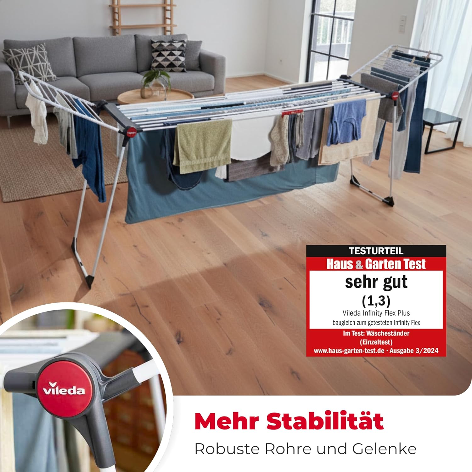 Vileda Infinity Flex Plus Wäscheständer, ausziehbarer & stabiler Flügeltrockner mit 30 m XXL-Leinen, für den Innen- und Außenbereich, platzsparend & faltbar, 2 m Länge, hohe Flügel, Komfortpaket – Bild 9