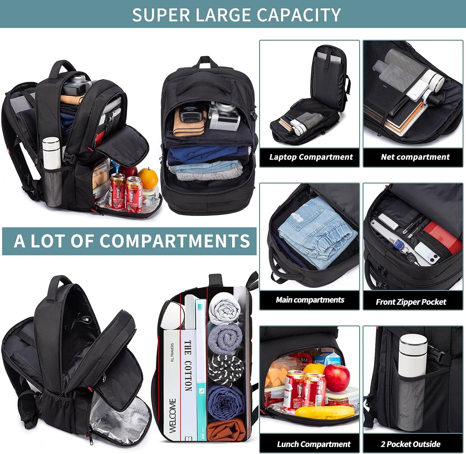 HILUSEN Großer Rucksack Herren 50L Arbeitsrucksack Laptoprucksack Herren 17,3 Zoll Schulrucksack mit USB-Ladeanschluss Geschäftsreise Notebooktasche Rucksäcke Herren Damen Jungen Teenager Schwarz – Bild 2