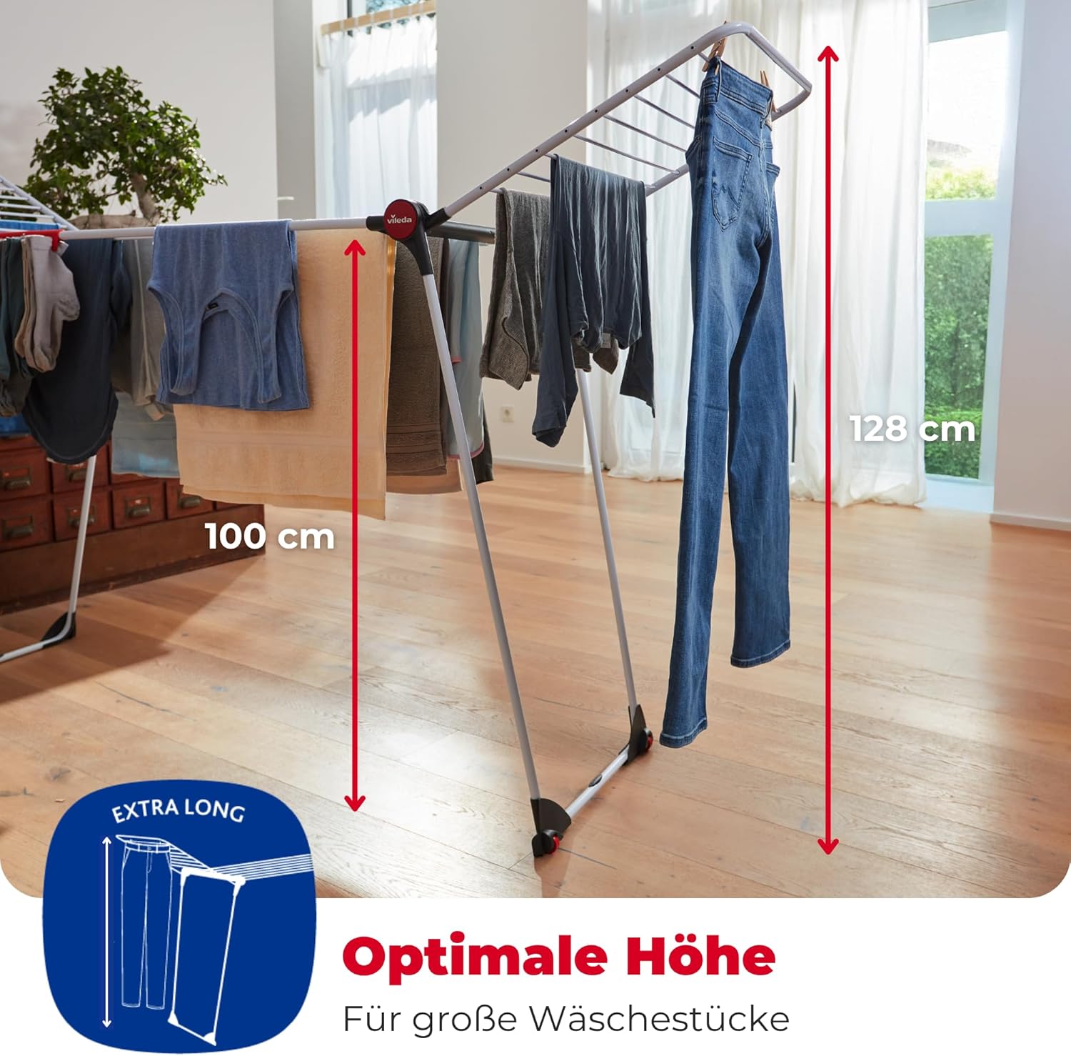 Vileda Infinity Flex Plus Wäscheständer, ausziehbarer & stabiler Flügeltrockner mit 30 m XXL-Leinen, für den Innen- und Außenbereich, platzsparend & faltbar, 2 m Länge, hohe Flügel, Komfortpaket – Bild 6