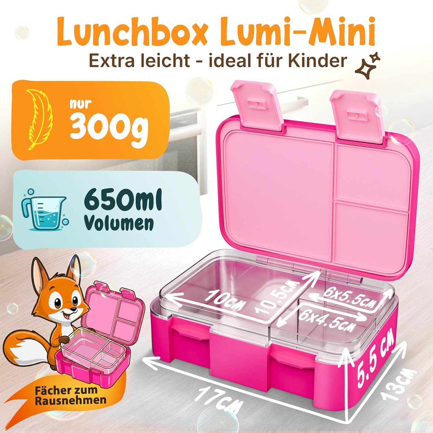 Funkelfuchs Lumi-Mini Kinder-Brotdose mit Fächern – 650 ml, Rosa | Lunchbox BPA-frei für Schule und Kindergarten | Superleicht, nur 300 g | Auslaufsicher, spülmaschinenfest | Bento-Box, Snack-Box – Bild 2