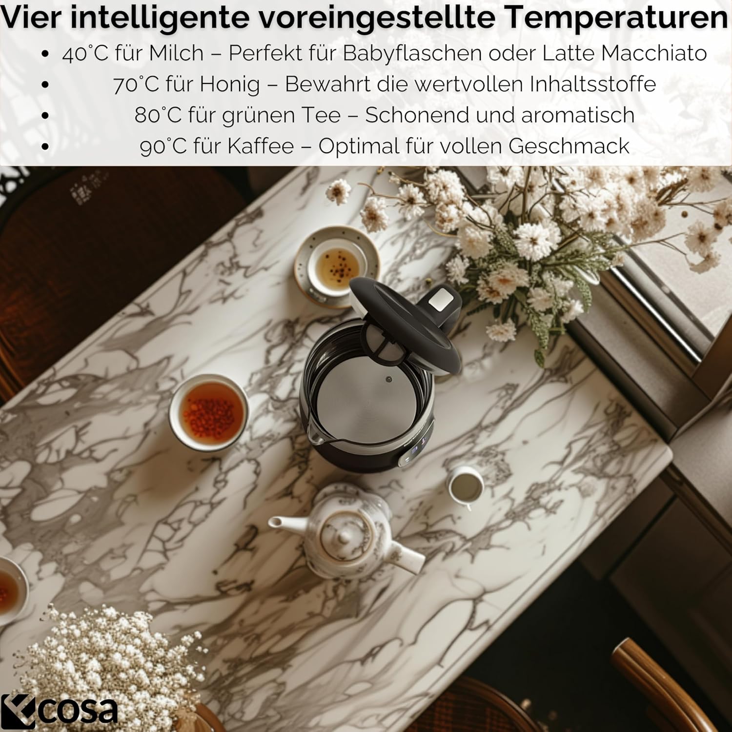 Ecosa Wasserkocher mit Temperatureinstellung, Glas, Edelstahl – Teebereiter – 1,7 Liter, 2.200 Watt – BPA-frei, mit Temperaturwahl 40 °C – 100 °C – Warmhaltefunktion, LED-Beleuchtung (Schwarze Perle) – Bild 7