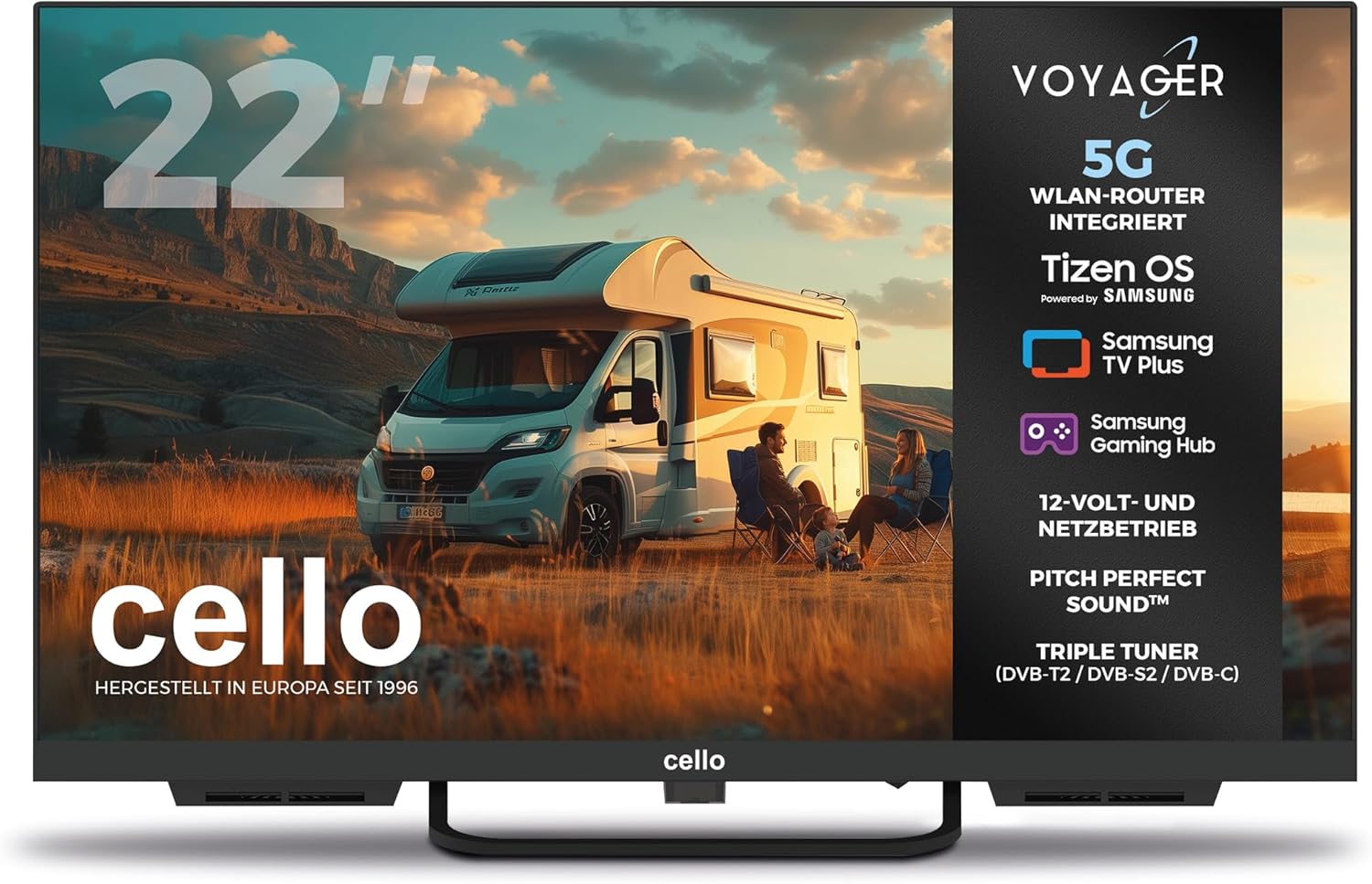 Cello Voyager C22TZR-VOY 22" Smart 12V Traveller TV mit integriertem 5G-WLAN-Router und Hotspot für Telefone und Geräte, Internet überall, Tizen OS von Samsung, ideal für Wohnmobile, Triple Tuner